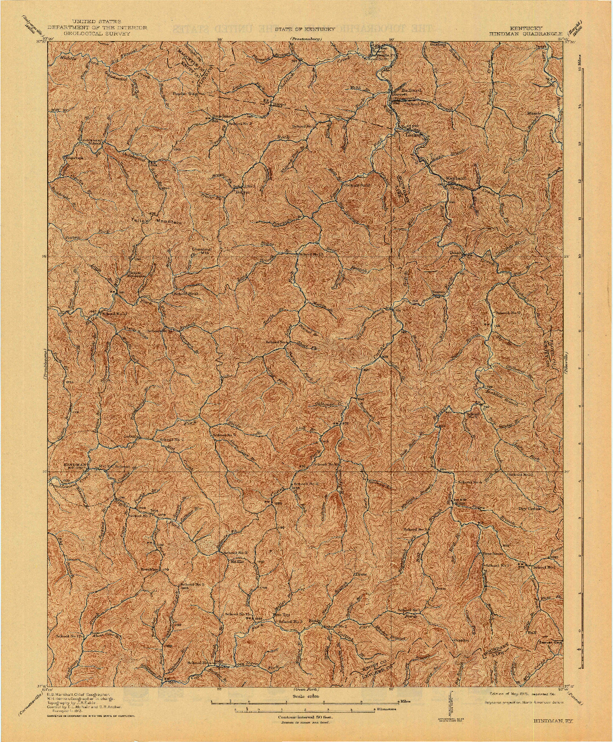 USGS 1:62500-SCALE QUADRANGLE FOR HINDMAN, KY 1915