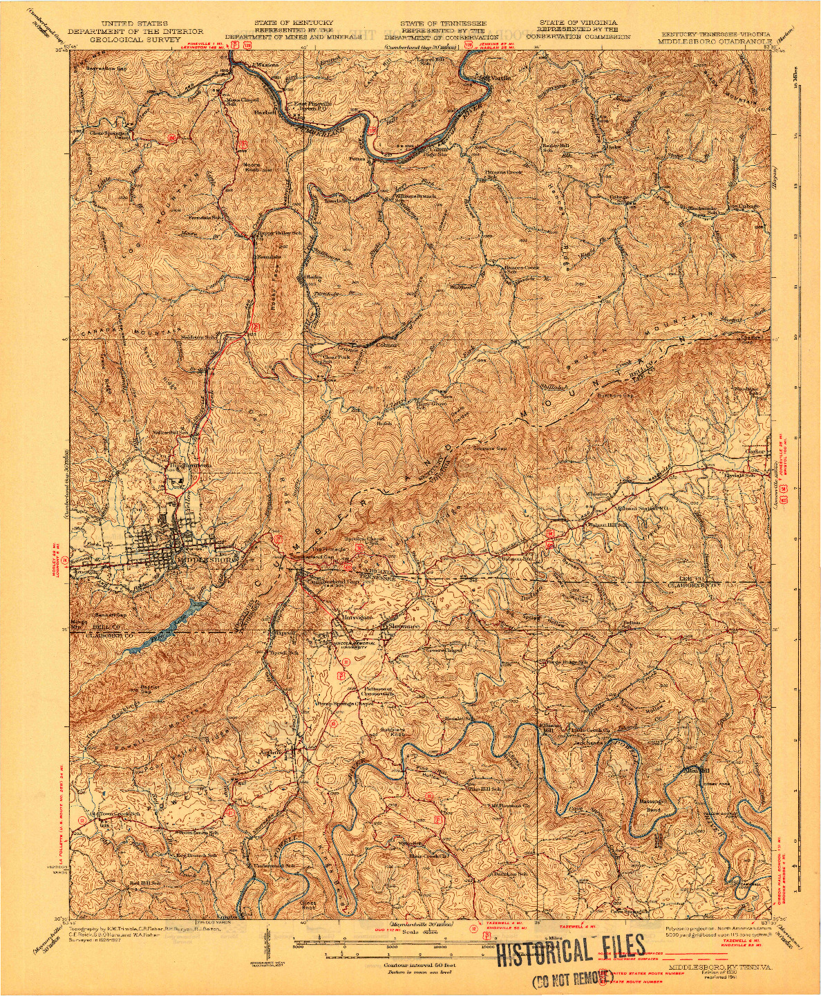 USGS 1:62500-SCALE QUADRANGLE FOR MIDDLESBORO, KY 1930