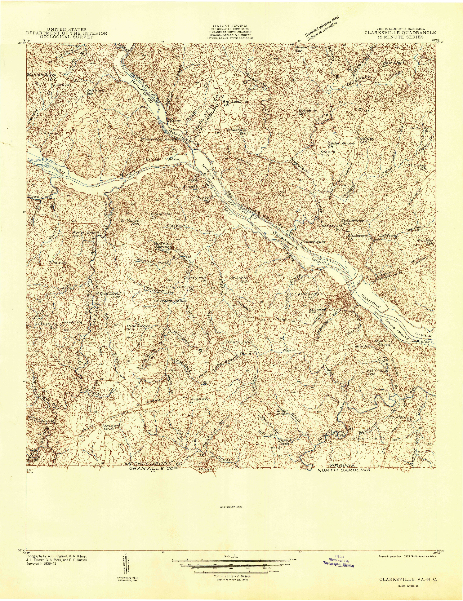 USGS 1:48000-SCALE QUADRANGLE FOR CLARKSVILLE, VA 1941