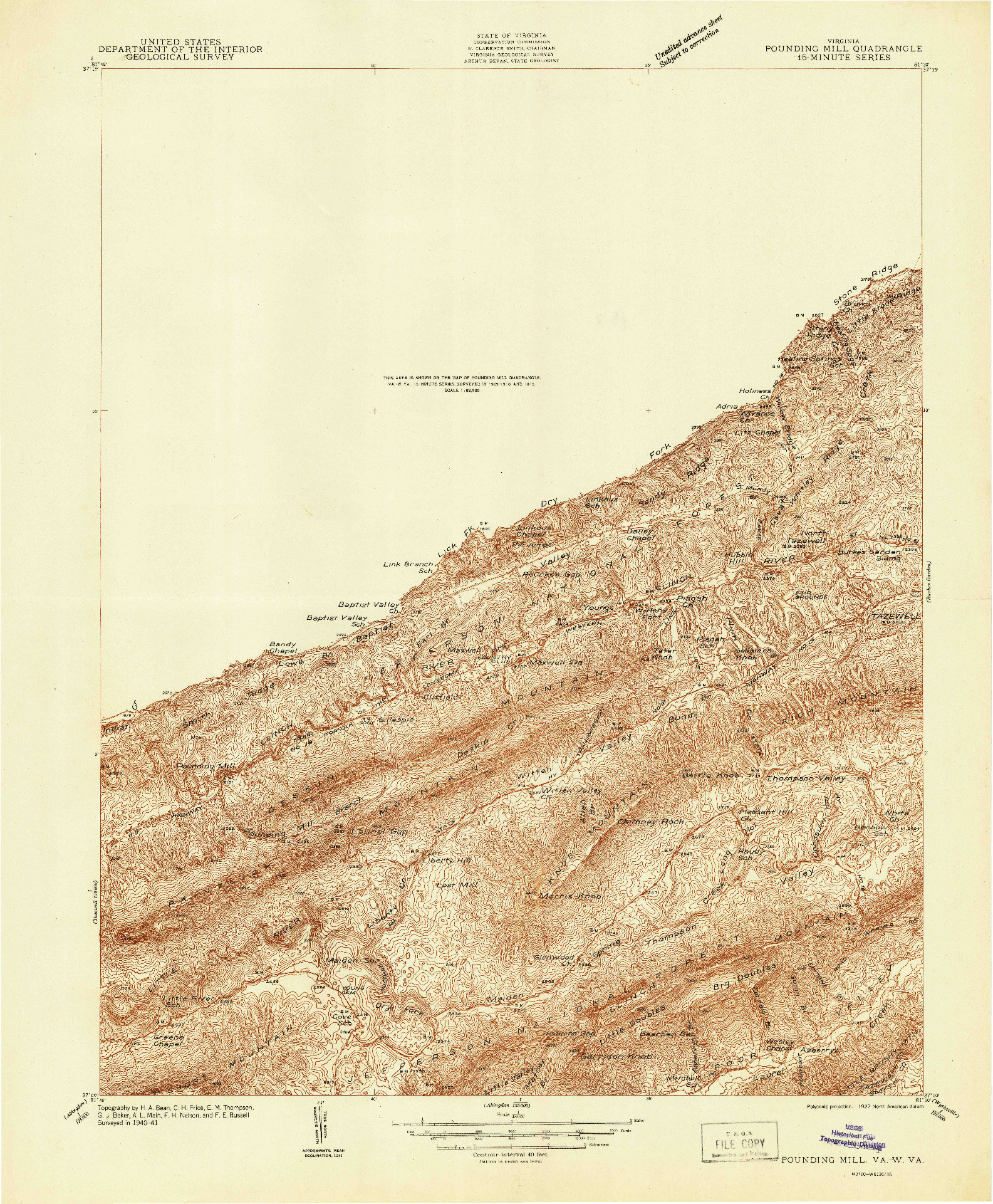 USGS 1:48000-SCALE QUADRANGLE FOR POUNDING MILL, VA 1941