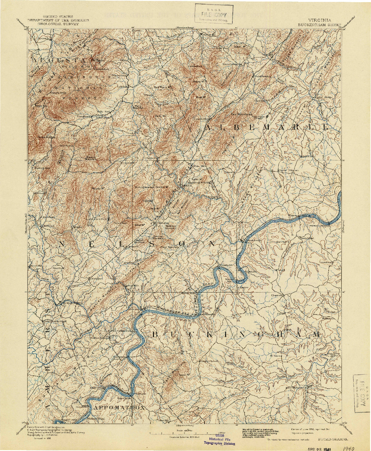 USGS 1:125000-SCALE QUADRANGLE FOR BUCKINGHAM, VA 1892