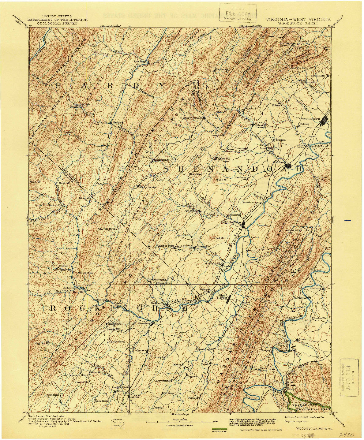 USGS 1:125000-SCALE QUADRANGLE FOR WOODSTOCK, VA 1892