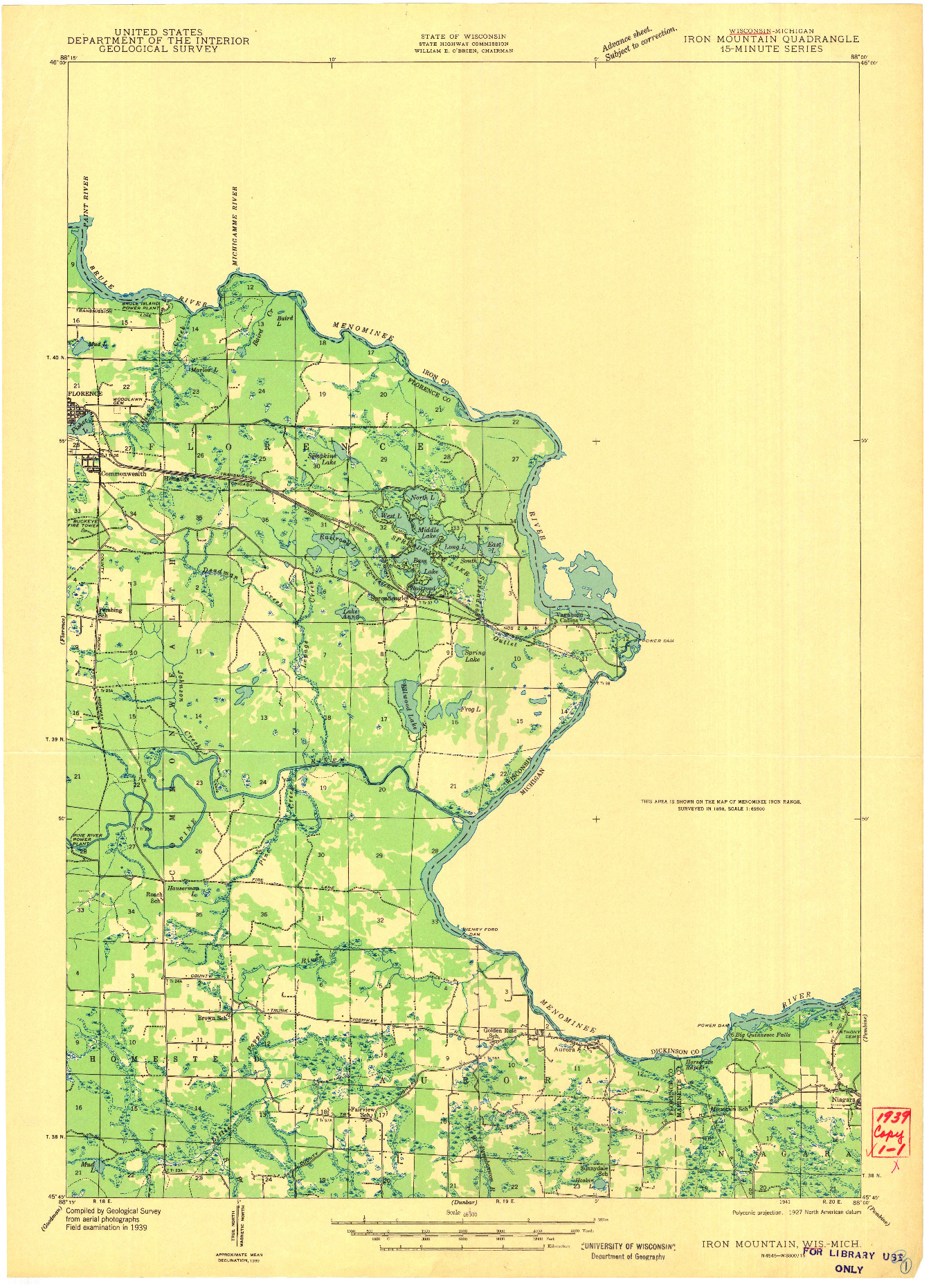 USGS 1:48000-SCALE QUADRANGLE FOR IRON MOUNTAIN, WI 1941