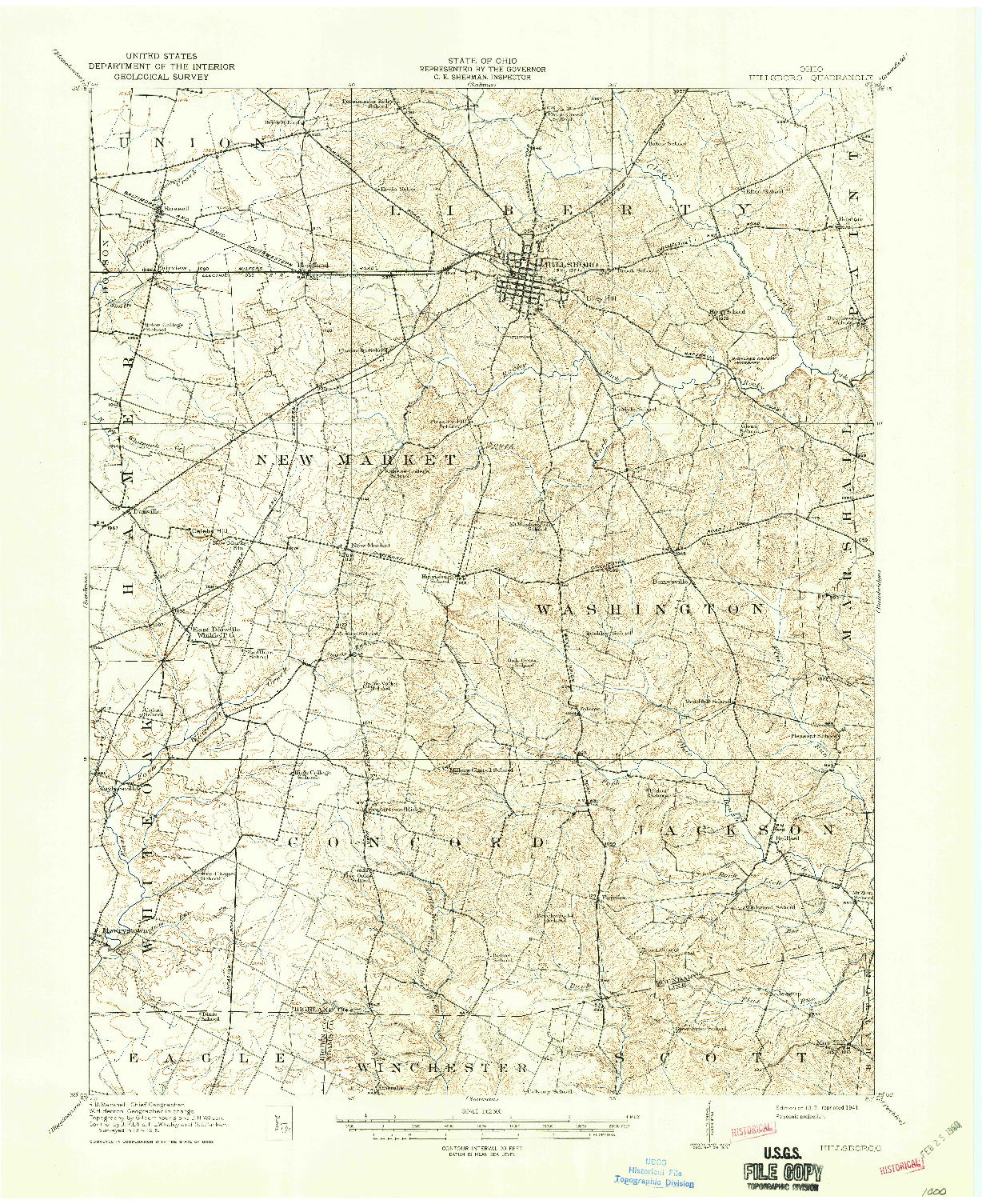 USGS 1:62500-SCALE QUADRANGLE FOR HILLSBORO, OH 1917