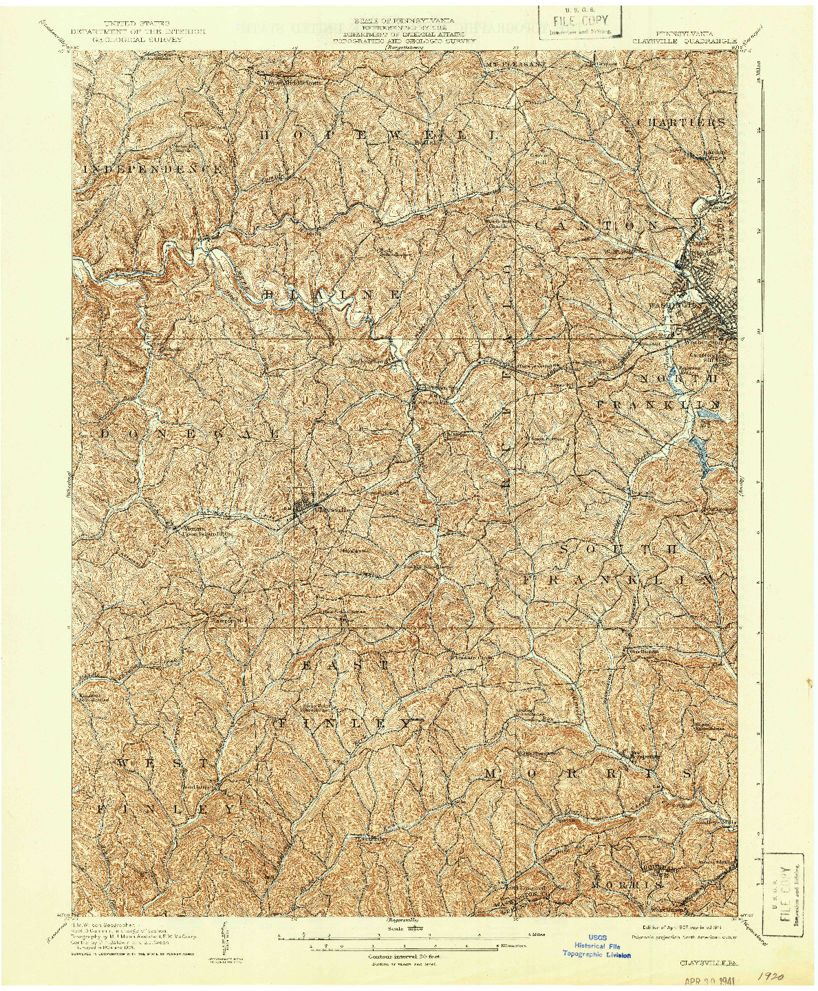 USGS 1:62500-SCALE QUADRANGLE FOR CLAYSVILLE, PA 1907