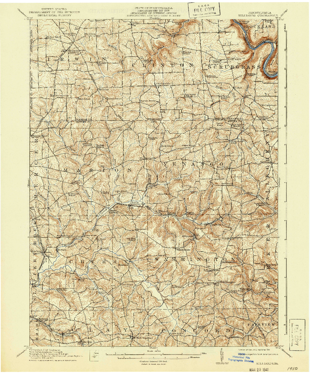 USGS 1:62500-SCALE QUADRANGLE FOR HILLIARDS, PA 1912