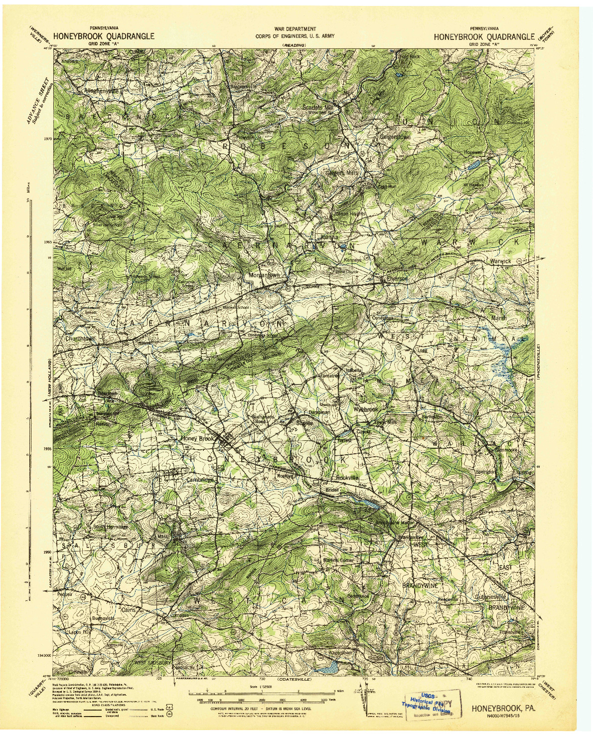 USGS 1:62500-SCALE QUADRANGLE FOR HONEYBROOK, PA 1941