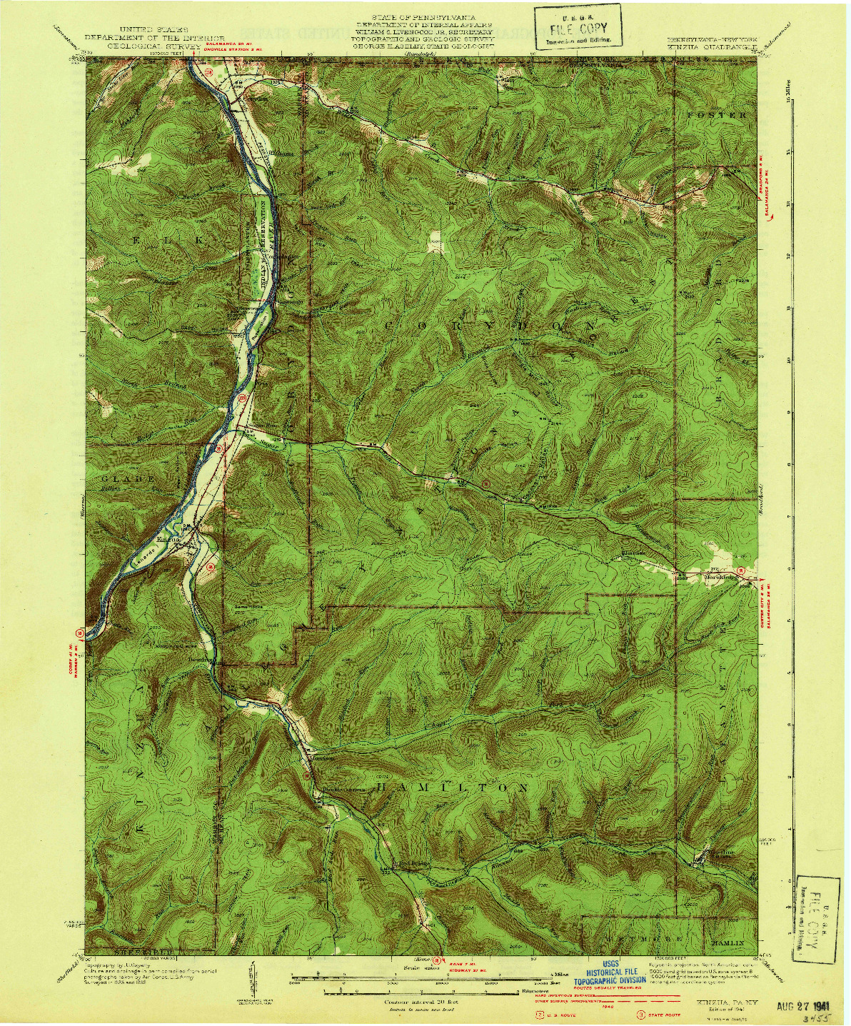 USGS 1:62500-SCALE QUADRANGLE FOR KINZUA, PA 1941