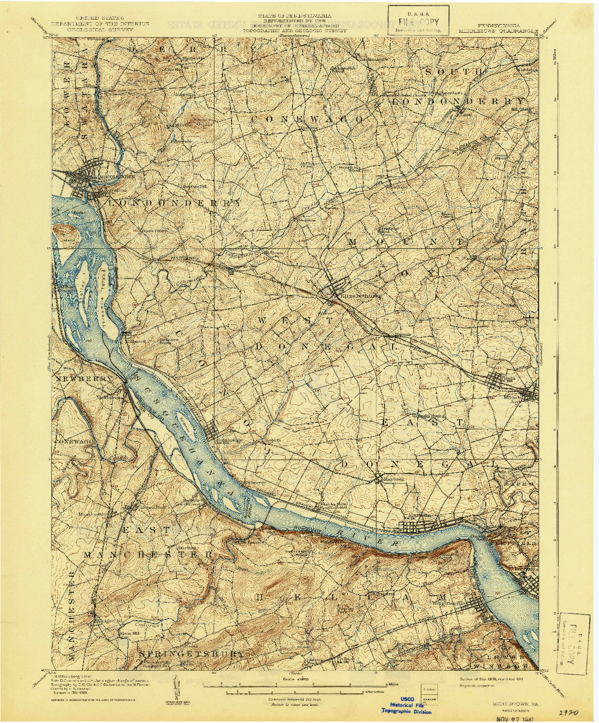 USGS 1:62500-SCALE QUADRANGLE FOR MIDDLETOWN, PA 1908