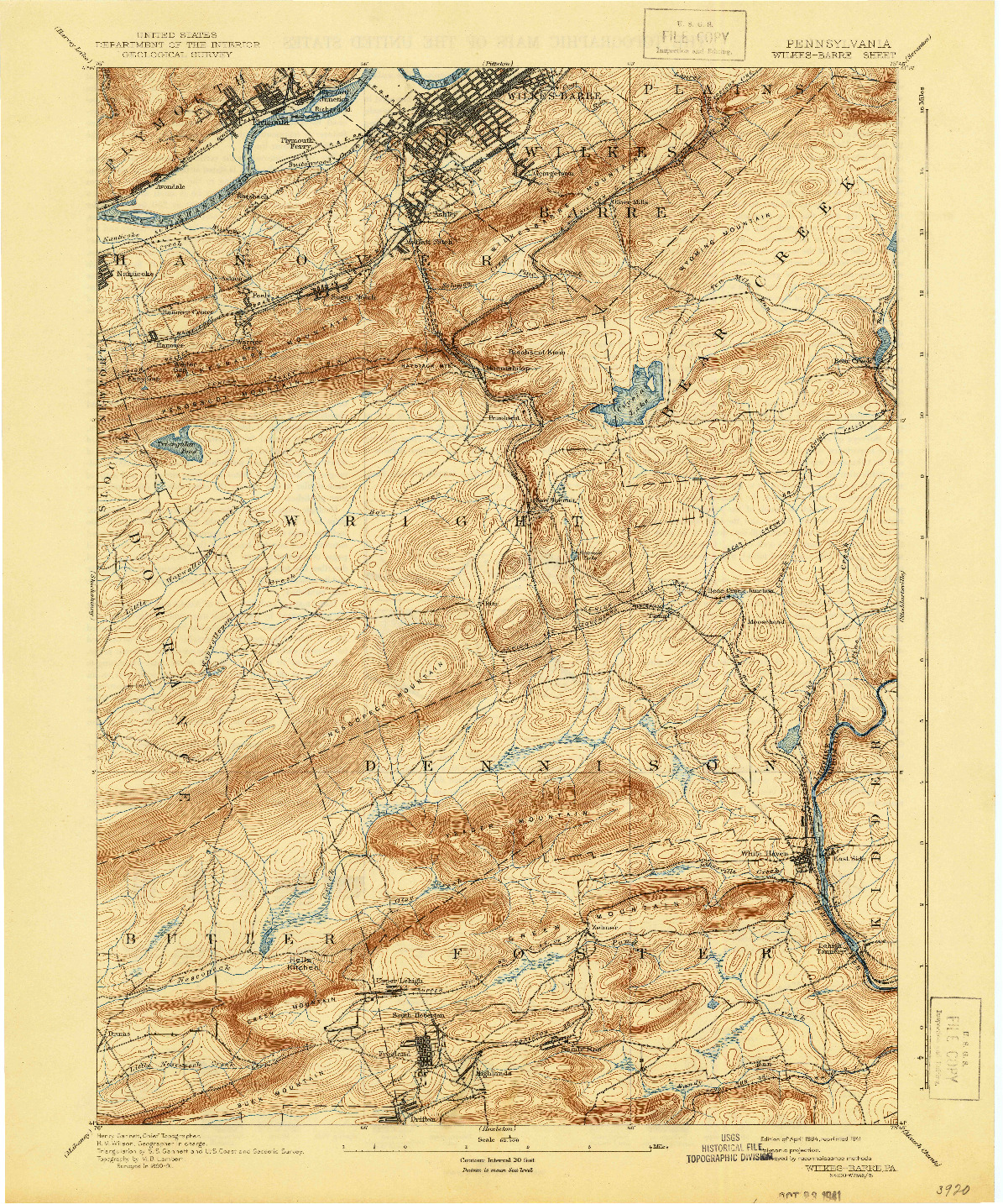 USGS 1:62500-SCALE QUADRANGLE FOR WILKES-BARRE, PA 1894