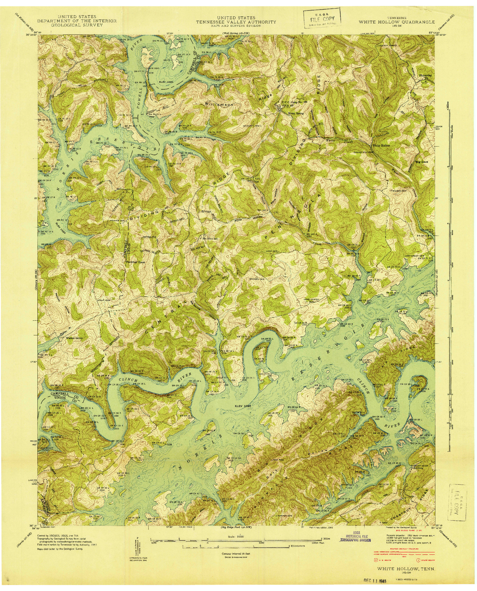 USGS 1:24000-SCALE QUADRANGLE FOR WHITE HOLLOW, TN 1941