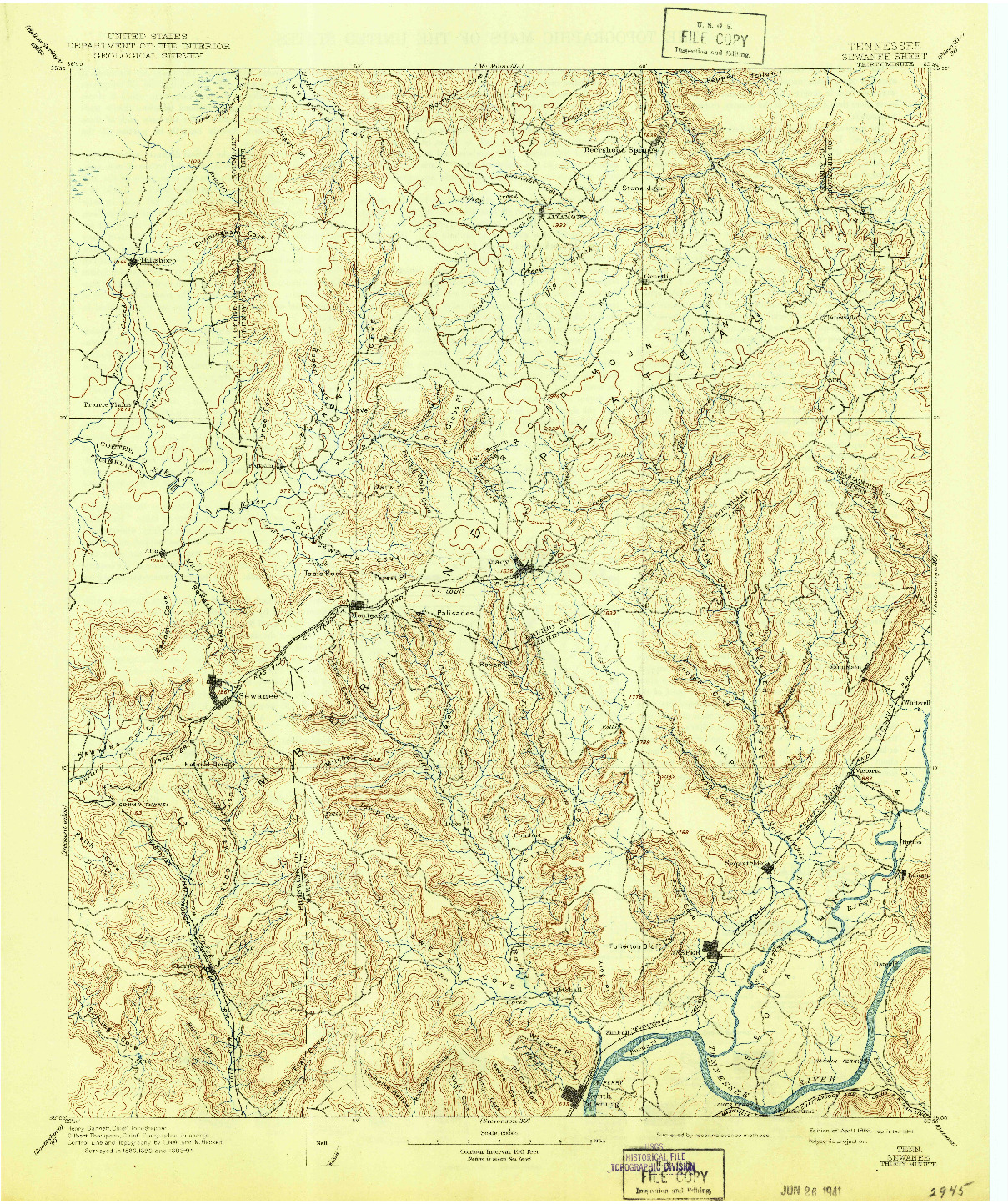 USGS 1:125000-SCALE QUADRANGLE FOR SEWANEE, TN 1895