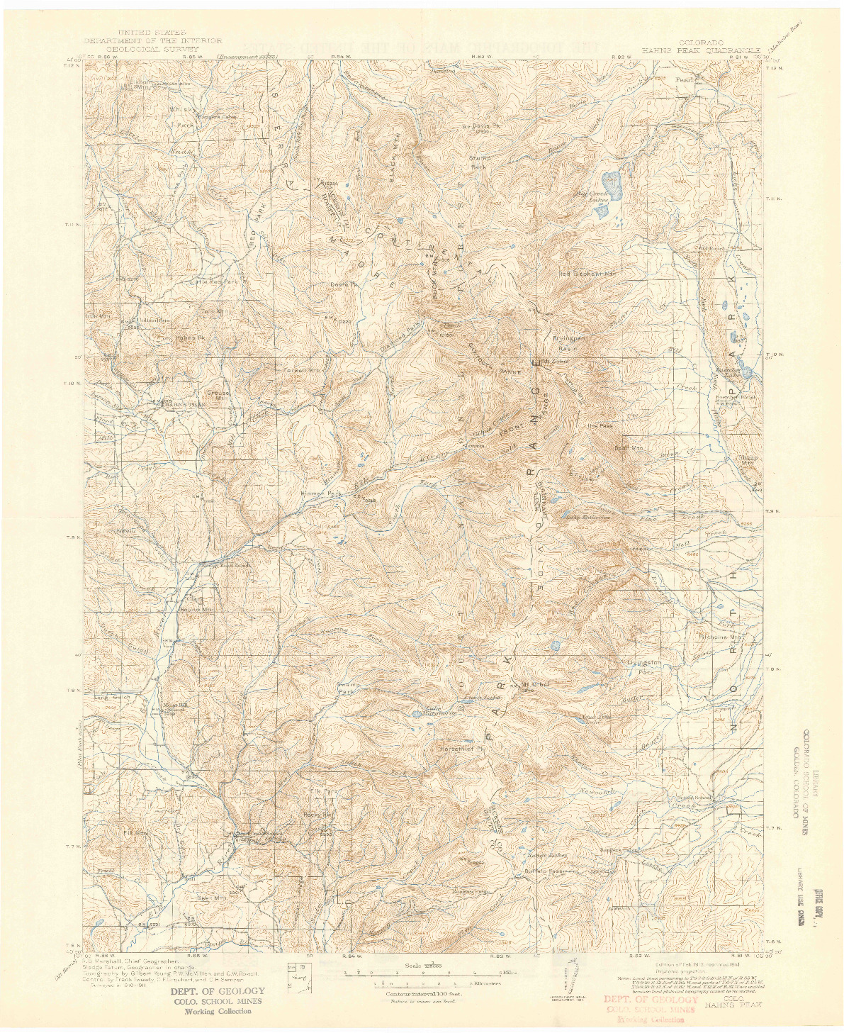 USGS 1:125000-SCALE QUADRANGLE FOR HAHNS PEAK, CO 1913