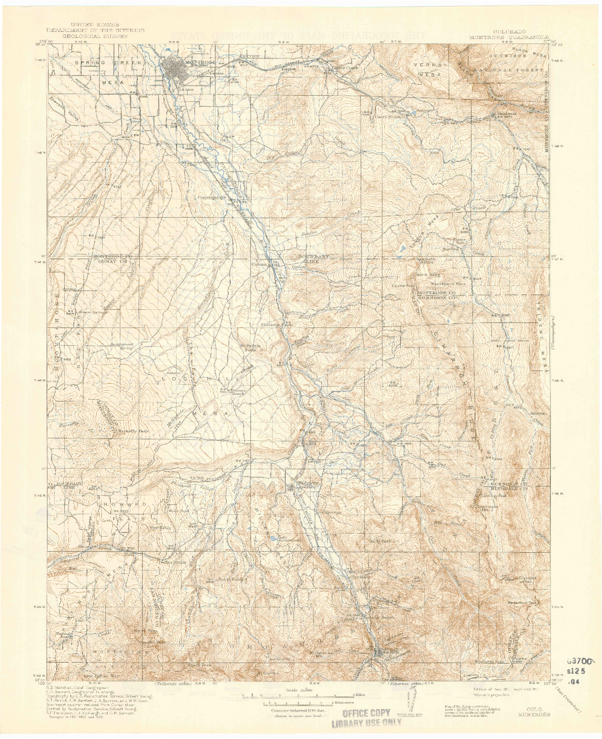 USGS 1:125000-SCALE QUADRANGLE FOR MONTROSE, CO 1911