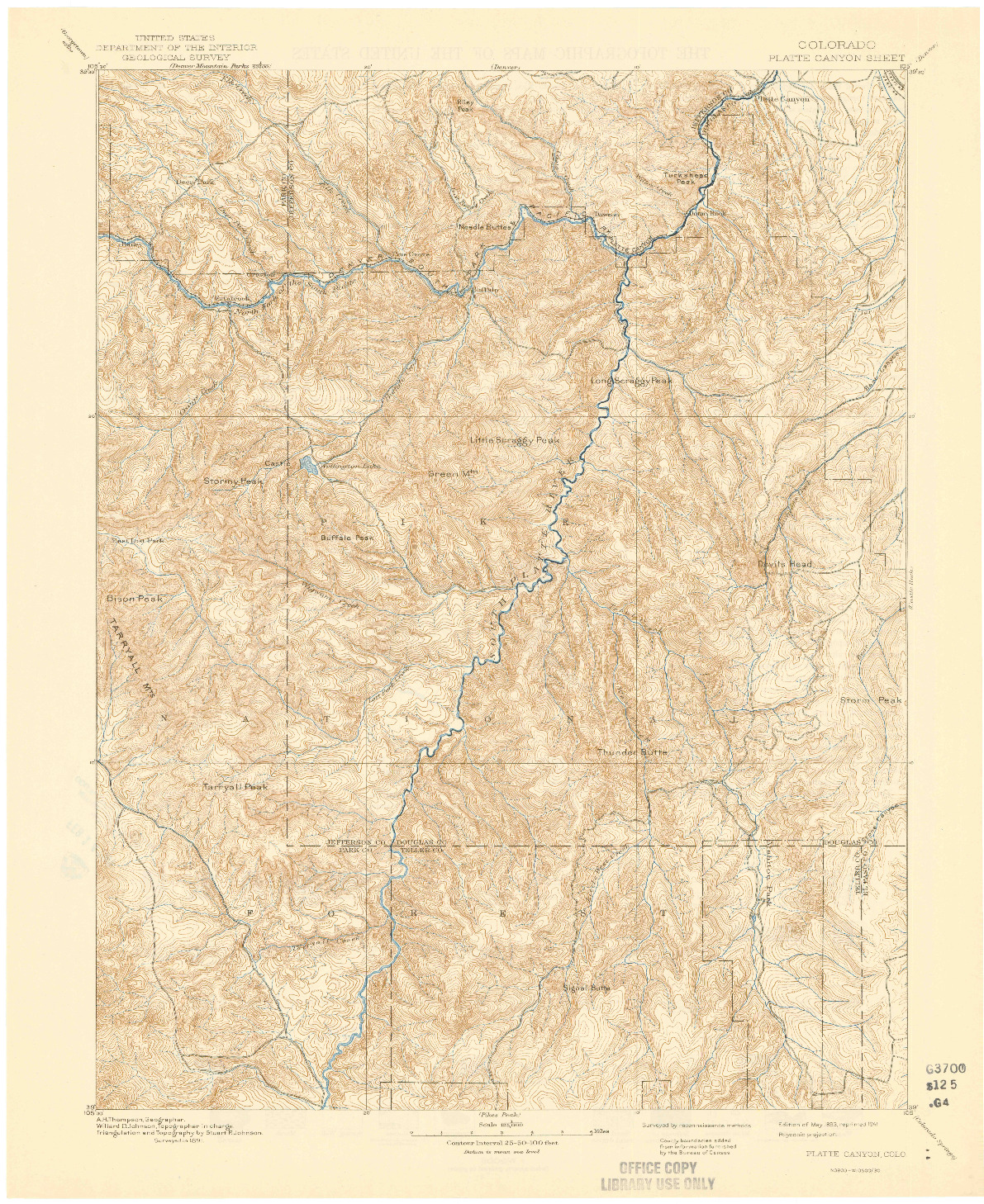 USGS 1:125000-SCALE QUADRANGLE FOR PLATTE CANYON, CO 1893