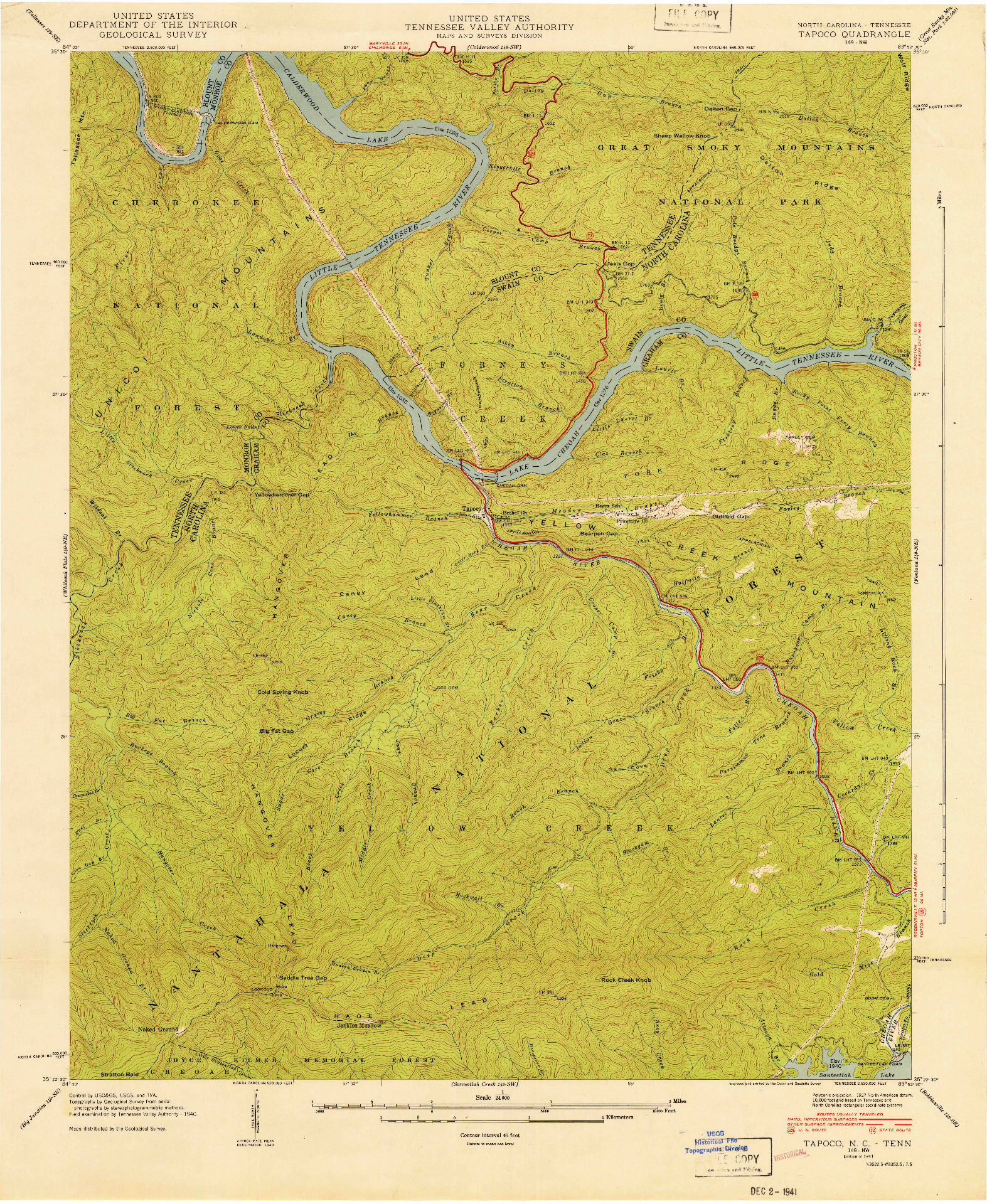 USGS 1:24000-SCALE QUADRANGLE FOR TAPOCO, NC 1941