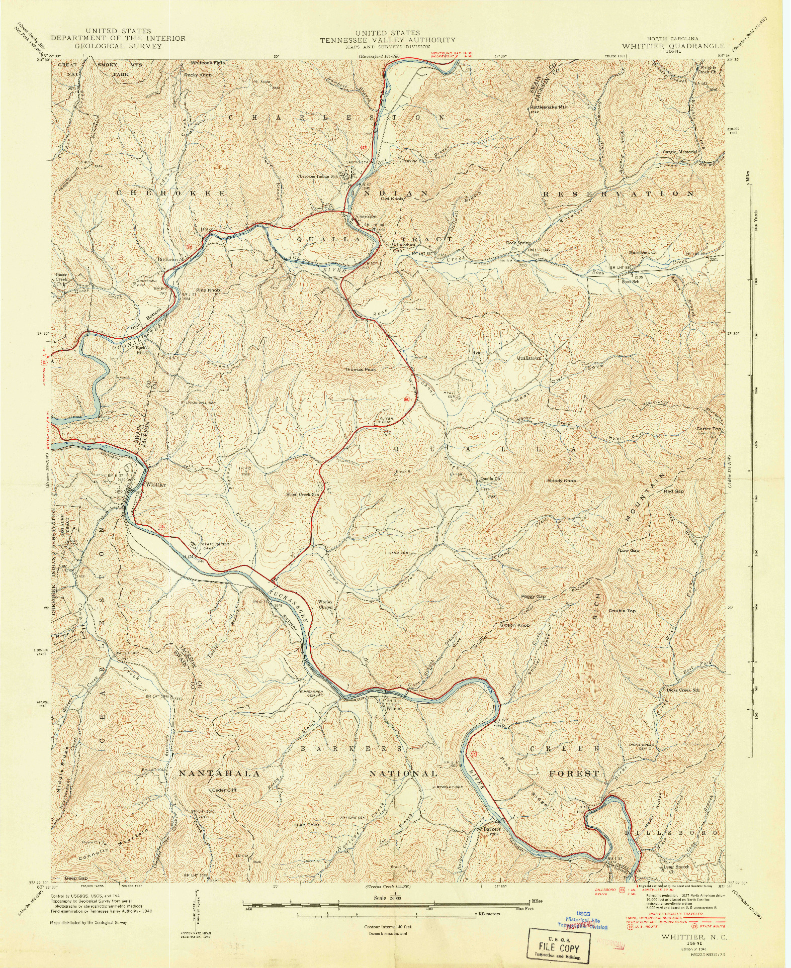 USGS 1:24000-SCALE QUADRANGLE FOR WHITTIER, NC 1941