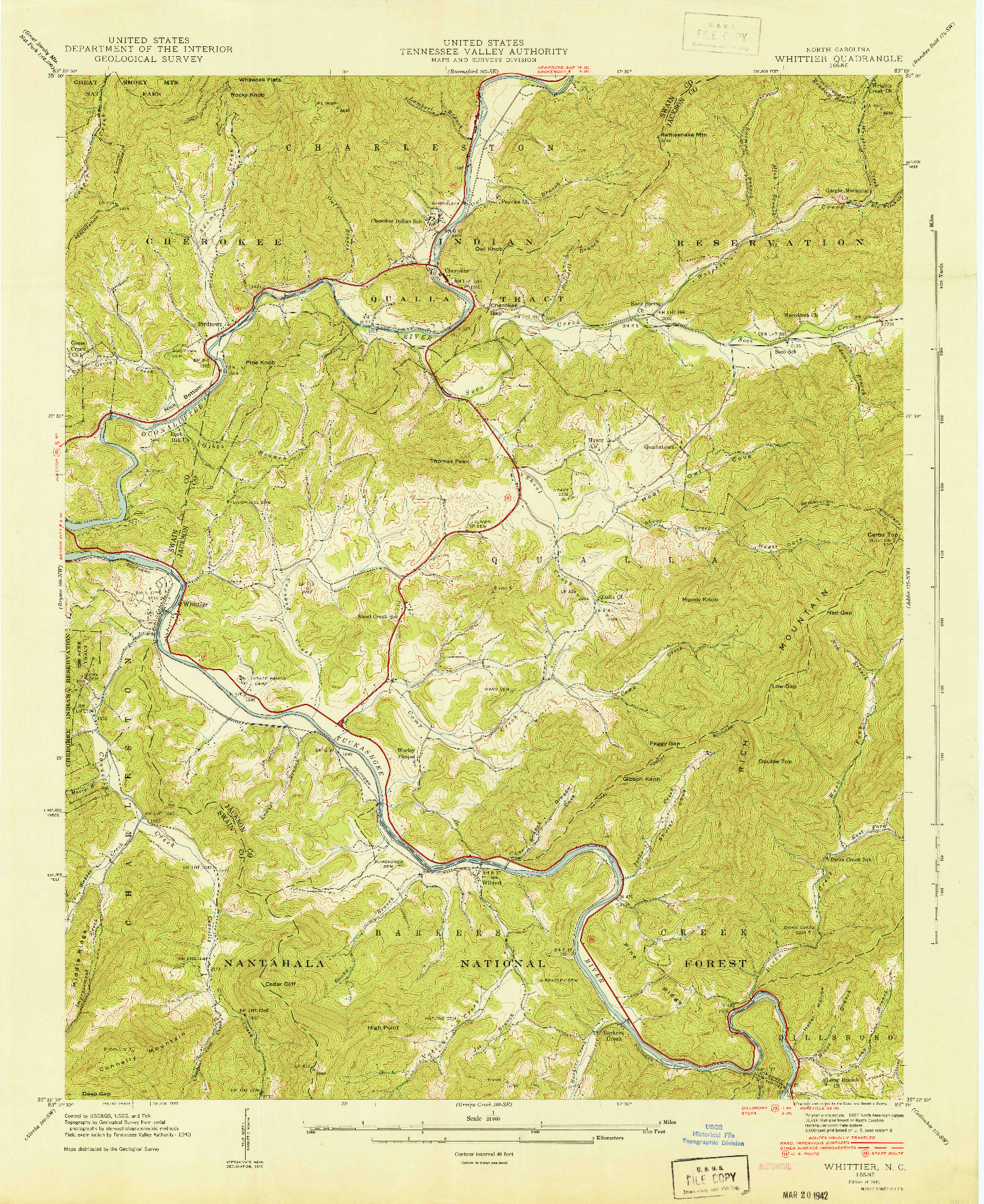 USGS 1:24000-SCALE QUADRANGLE FOR WHITTIER, NC 1941