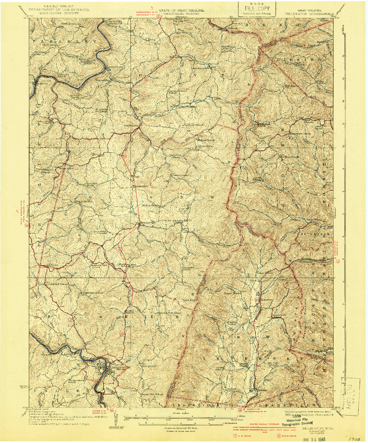 USGS 1:62500-SCALE QUADRANGLE FOR BELINGTON, WV 1927