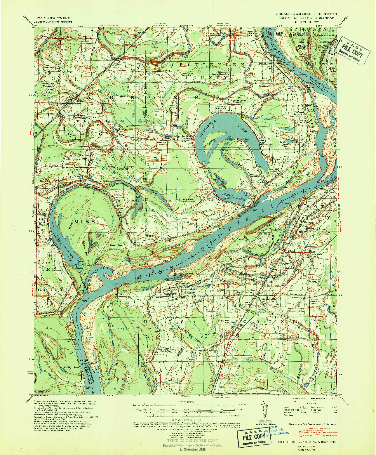 USGS 1:62500-SCALE QUADRANGLE FOR HORSESHOE LAKE, AR 1939