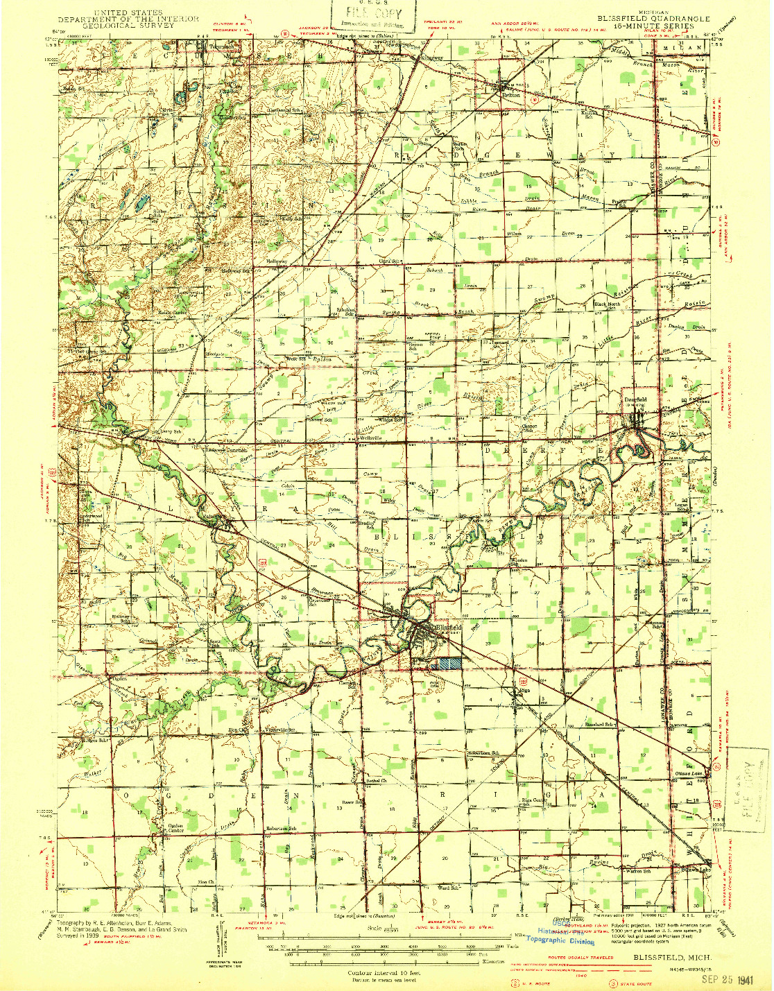 USGS 1:62500-SCALE QUADRANGLE FOR BLISSFIELD, MI 1941