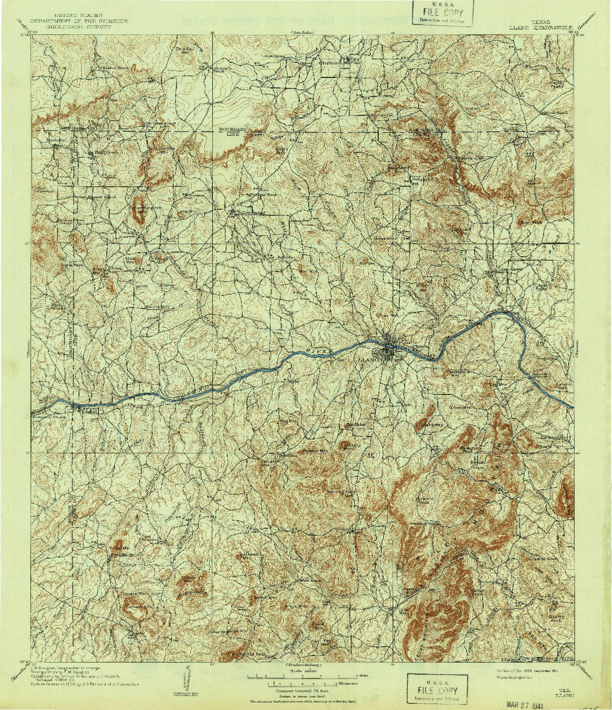 USGS 1:125000-SCALE QUADRANGLE FOR LLANO, TX 1909