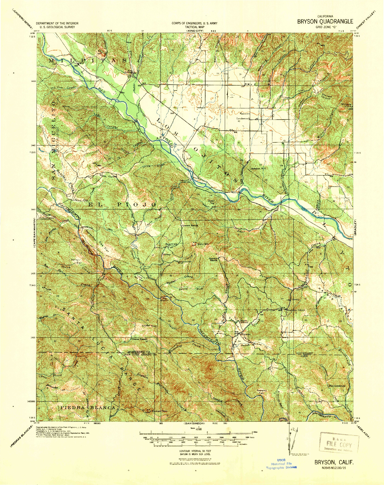 USGS 1:62500-SCALE QUADRANGLE FOR BRYSON, CA 1941