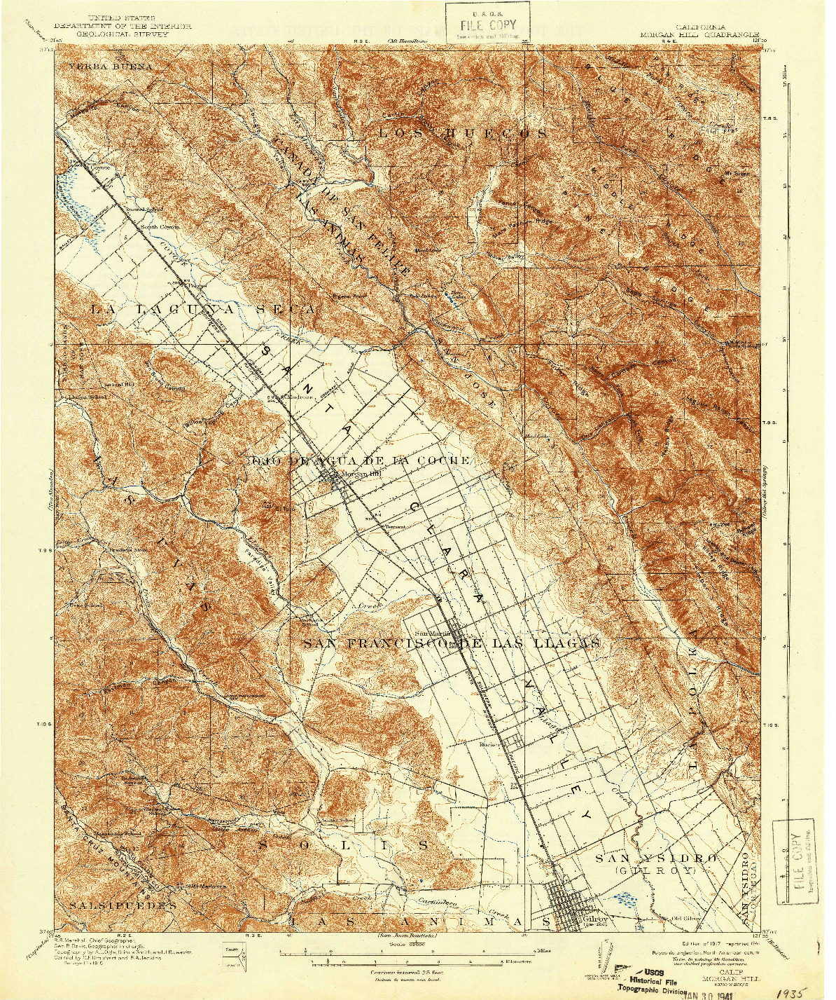 USGS 1:62500-SCALE QUADRANGLE FOR MORGAN HILL, CA 1917
