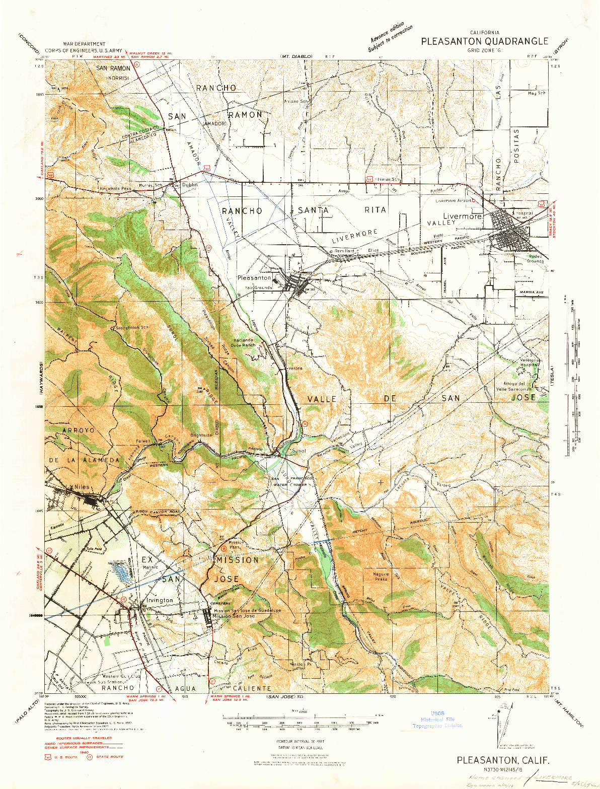 USGS 1:62500-SCALE QUADRANGLE FOR PLEASANTON, CA 1941