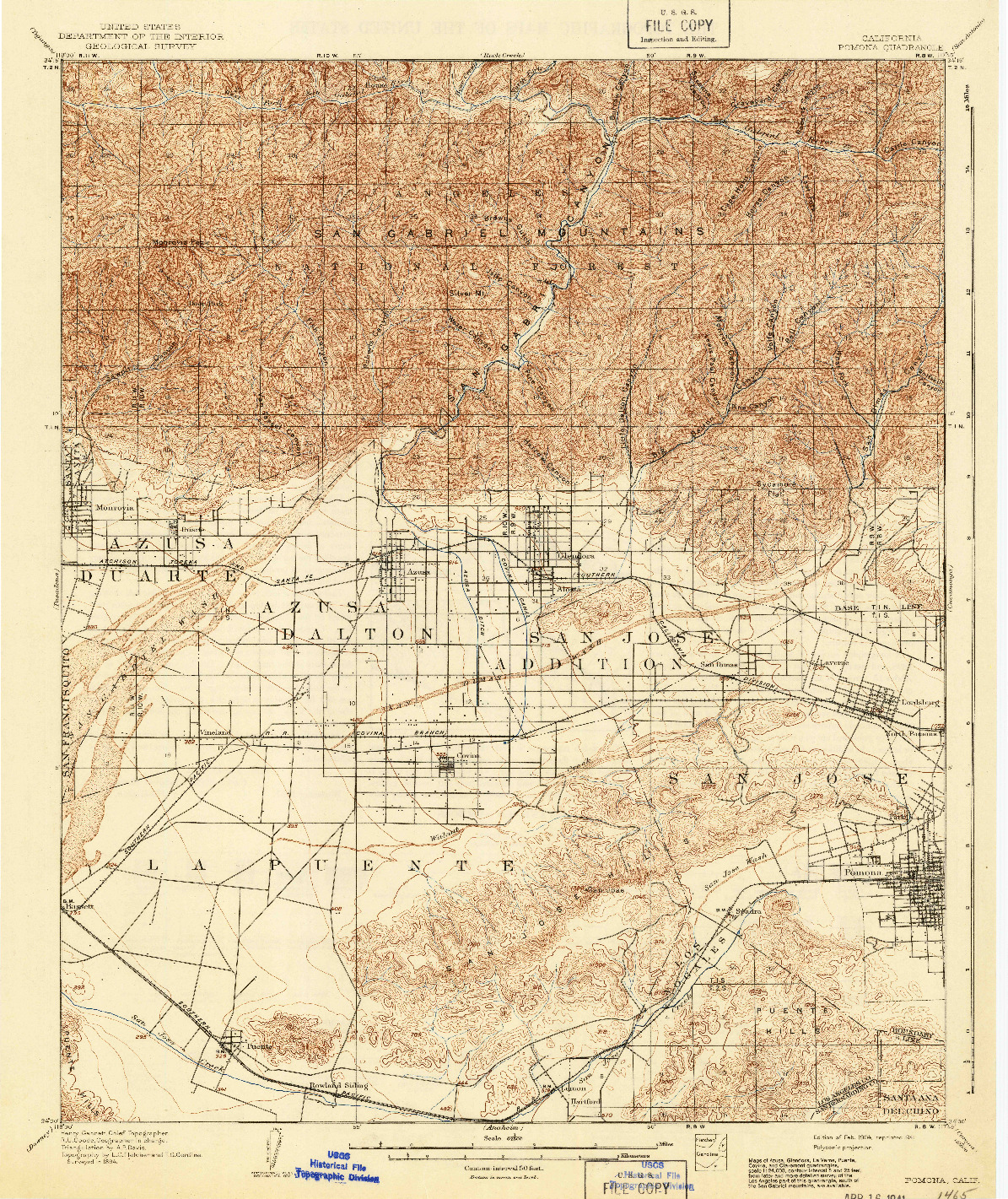 USGS 1:62500-SCALE QUADRANGLE FOR POMONA, CA 1904