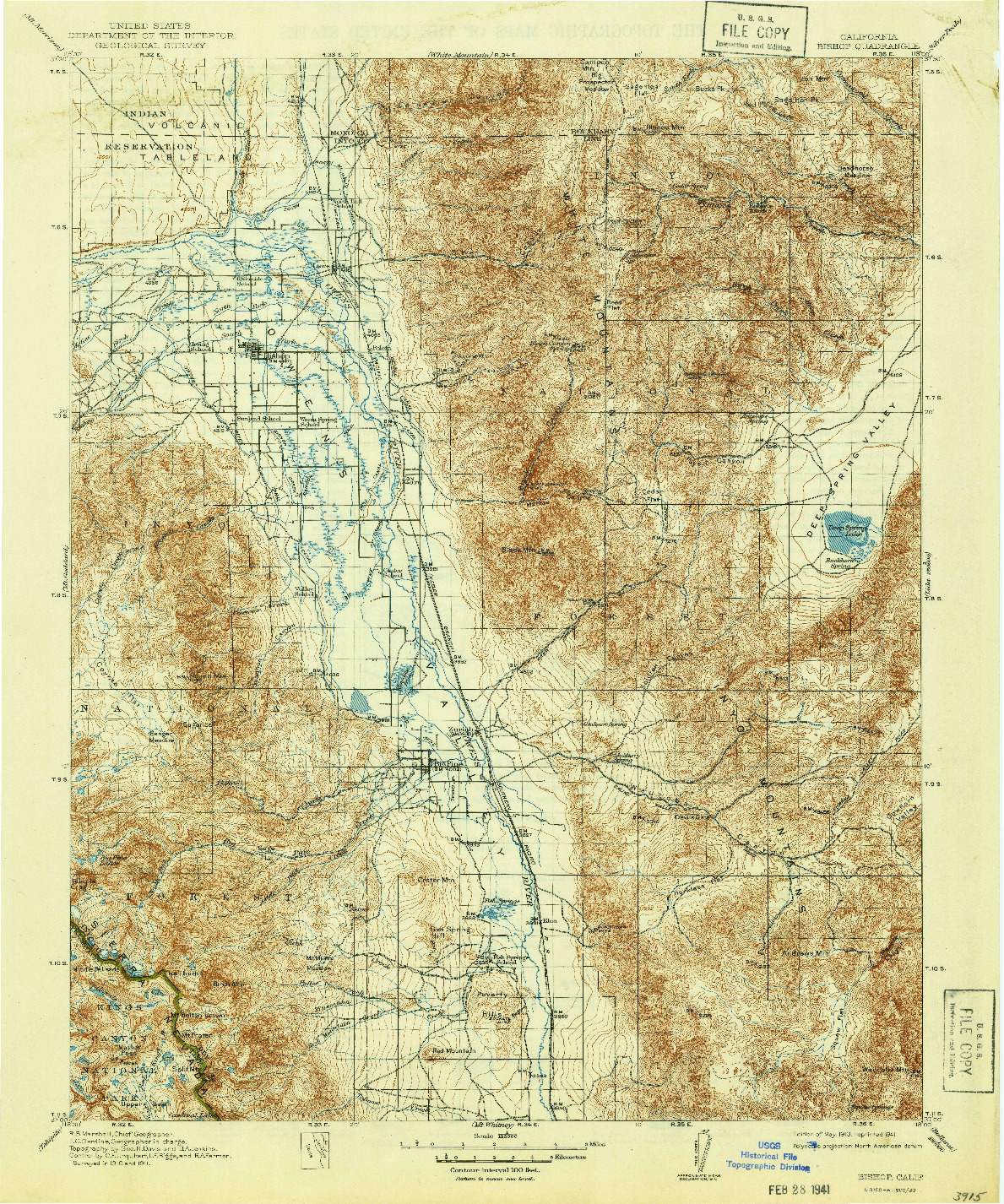 USGS 1:125000-SCALE QUADRANGLE FOR BISHOP, CA 1913