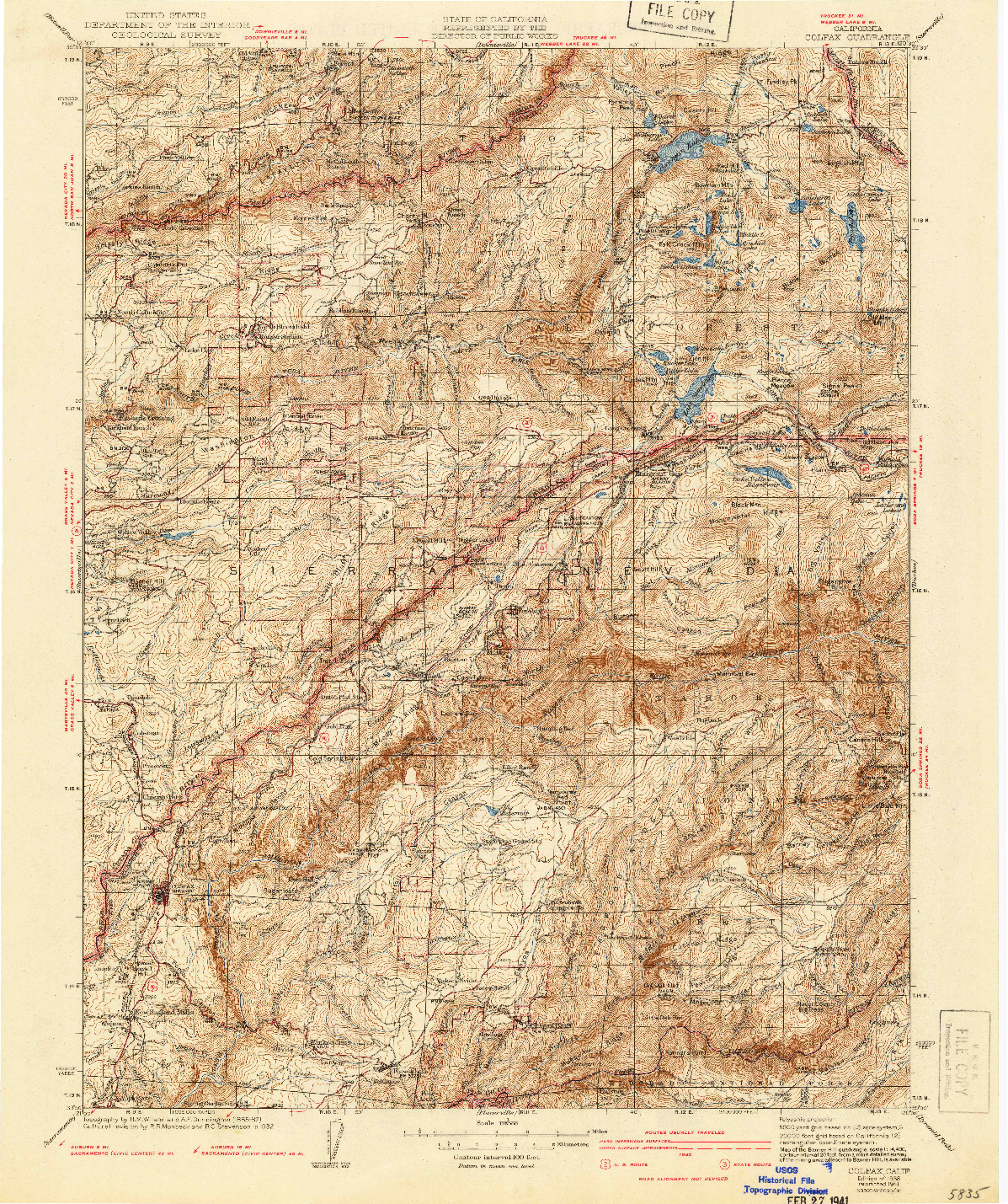 USGS 1:125000-SCALE QUADRANGLE FOR COLFAX, CA 1938