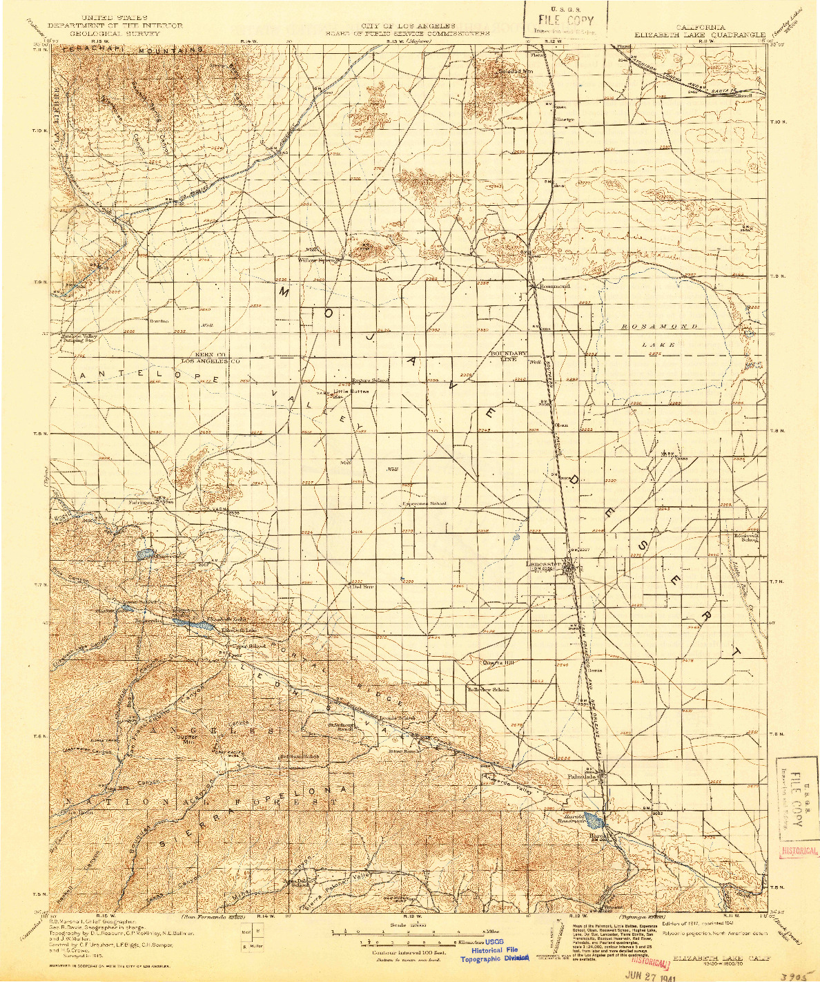 USGS 1:125000-SCALE QUADRANGLE FOR ELIZABETH LAKE, CA 1917