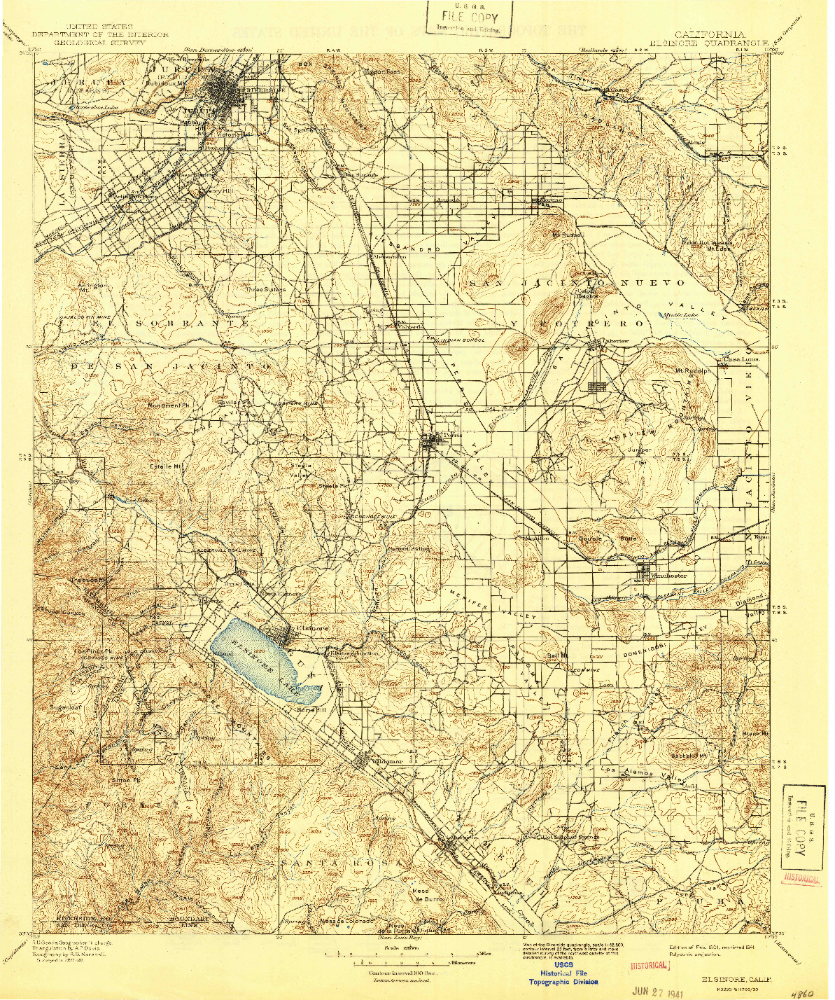 USGS 1:125000-SCALE QUADRANGLE FOR ELSINORE, CA 1901