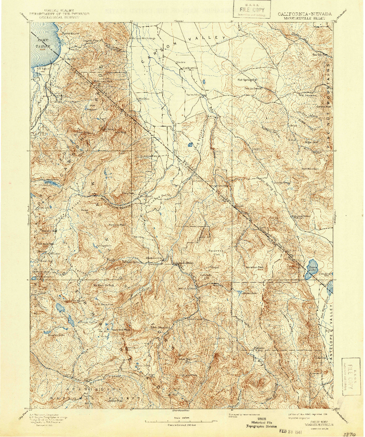 USGS 1:125000-SCALE QUADRANGLE FOR MARKLEEVILLE, CA 1893