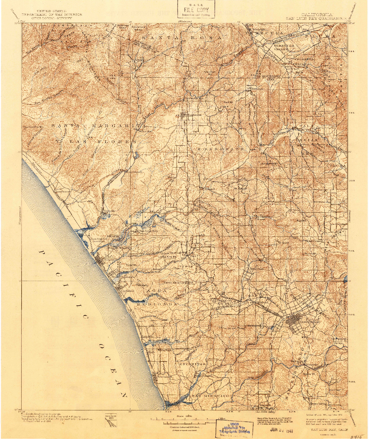 USGS 1:125000-SCALE QUADRANGLE FOR SAN LUIS REY, CA 1901