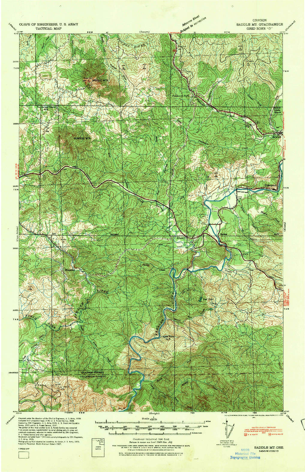 USGS 1:62500-SCALE QUADRANGLE FOR SADDLE MOUNTAIN, OR 1939