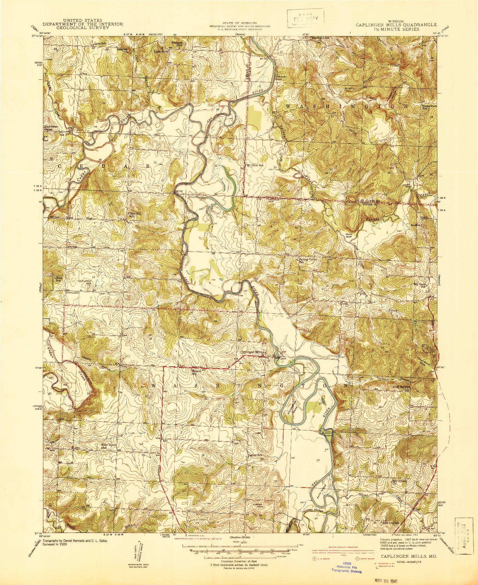 USGS 1:24000-SCALE QUADRANGLE FOR CAPLINGER MILLS, MO 1939