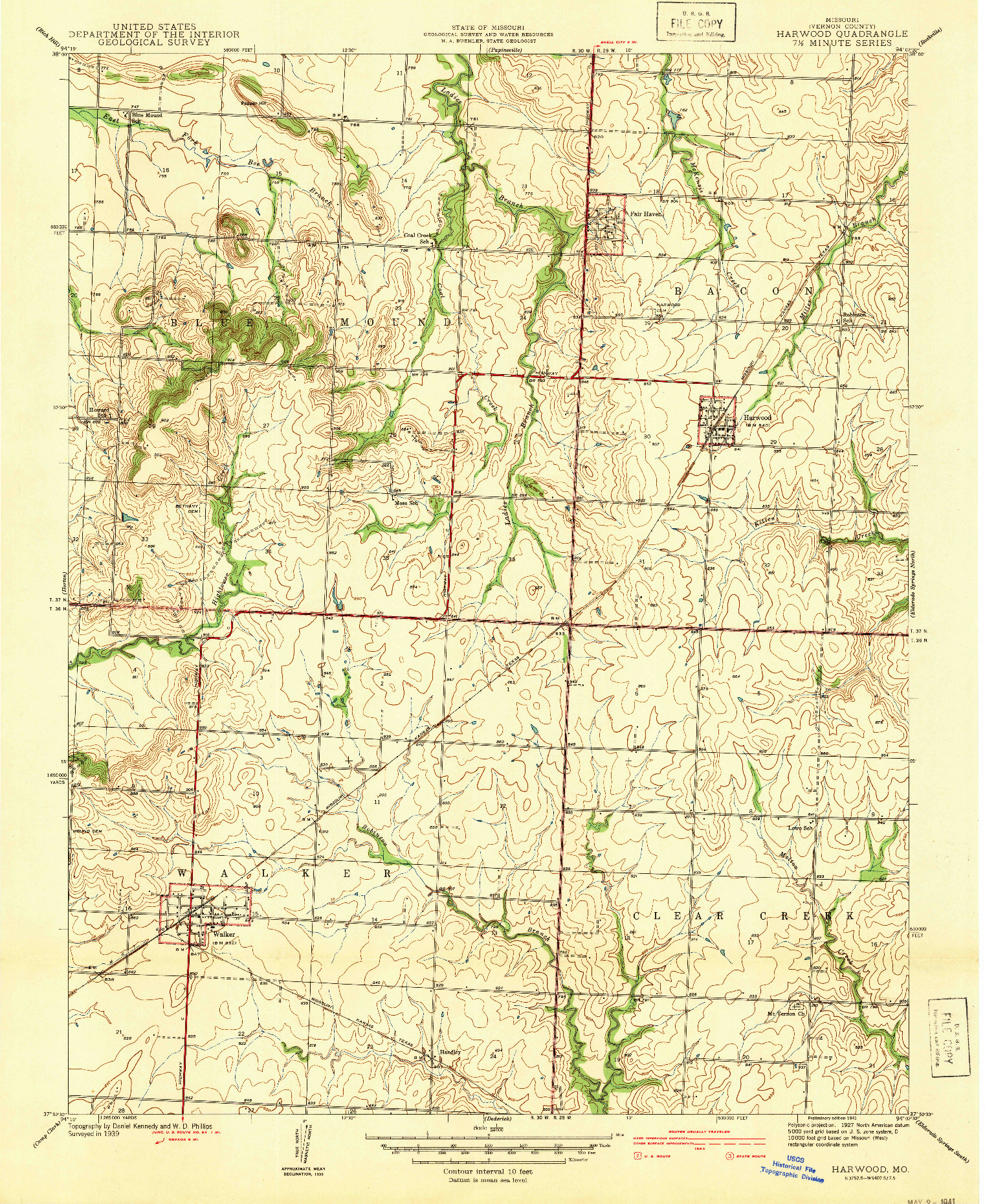 USGS 1:24000-SCALE QUADRANGLE FOR HARWOOD, MO 1941