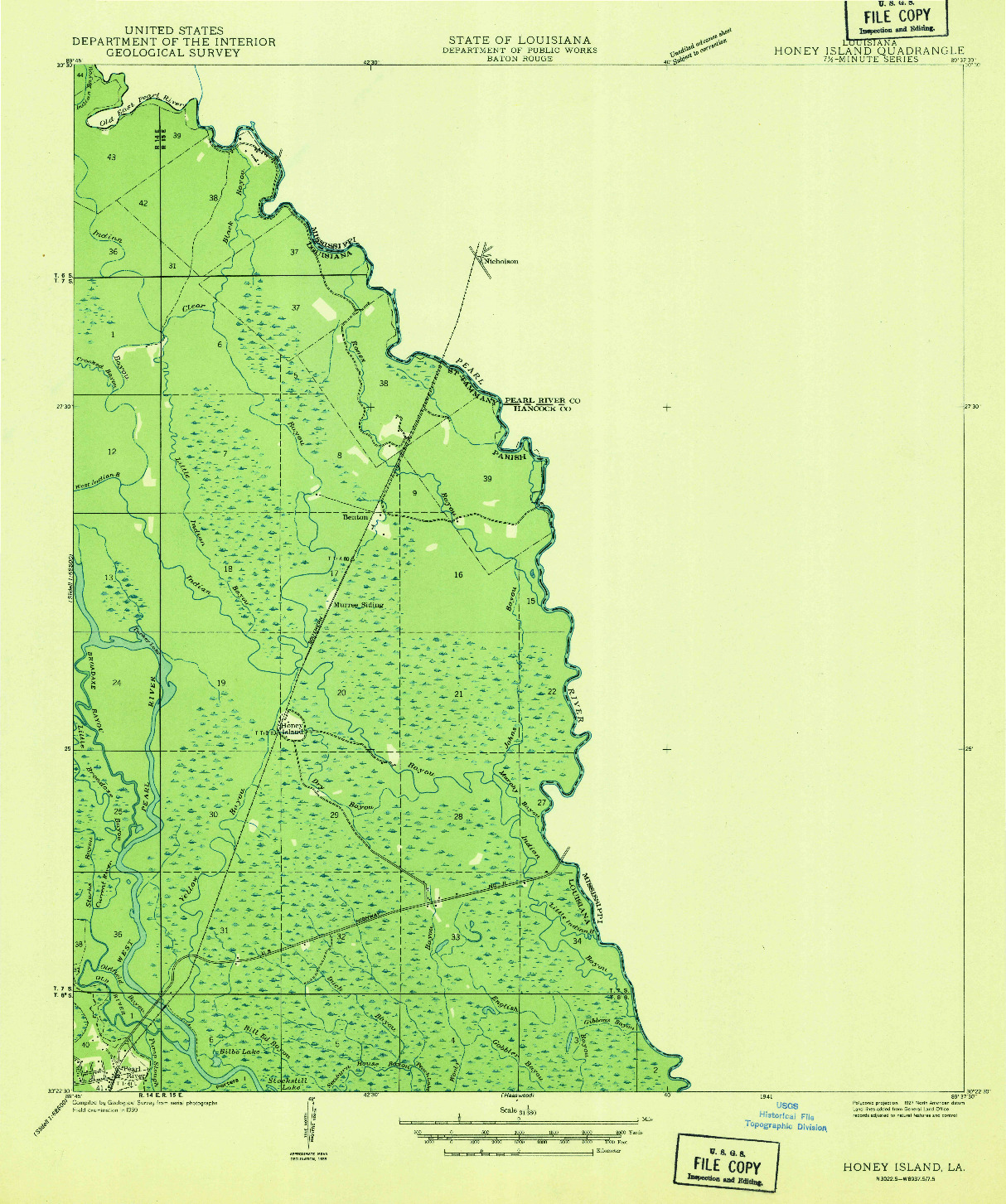 USGS 1:31680-SCALE QUADRANGLE FOR HONEY ISLAND, LA 1941