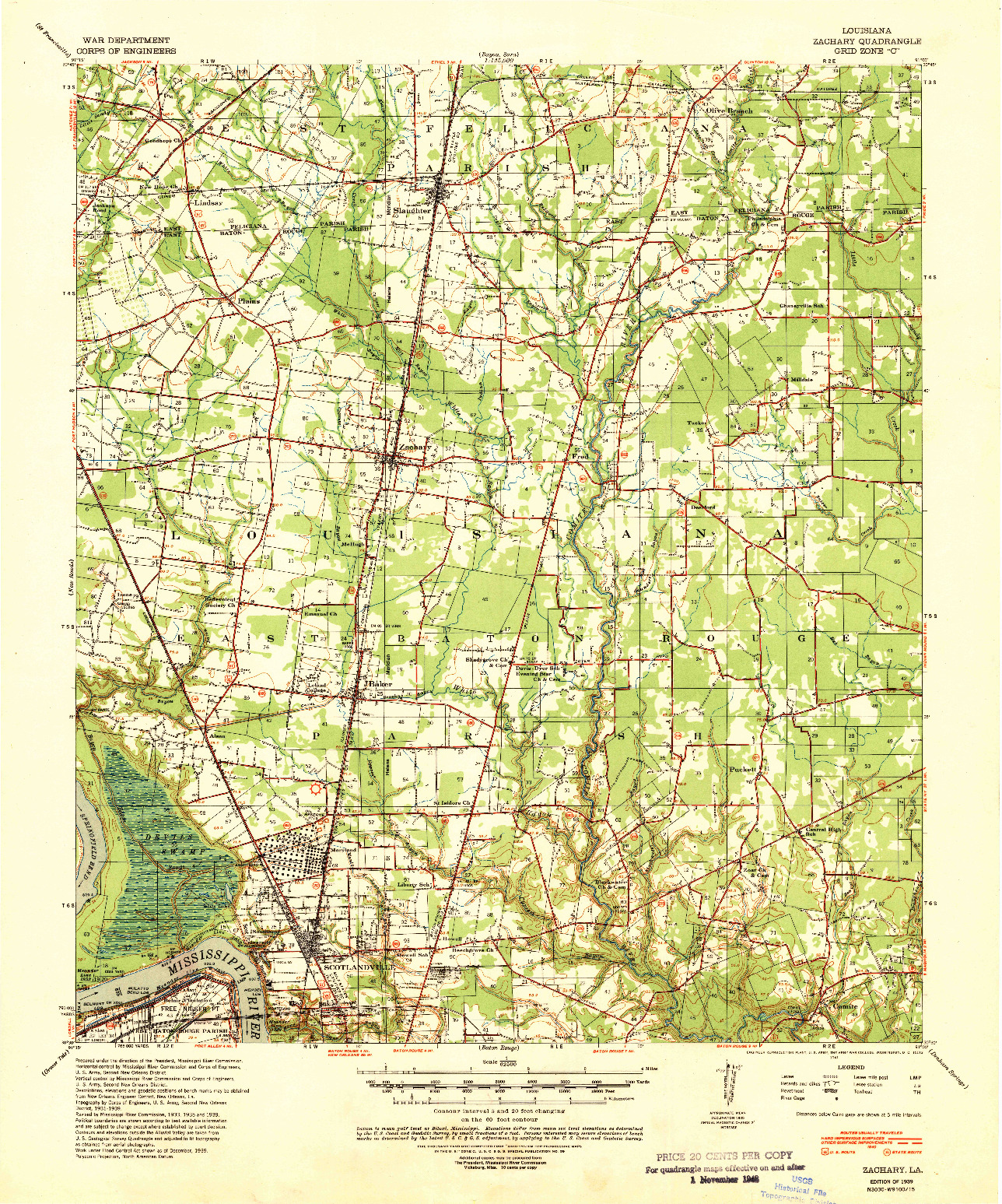 USGS 1:62500-SCALE QUADRANGLE FOR ZACHARY, LA 1939