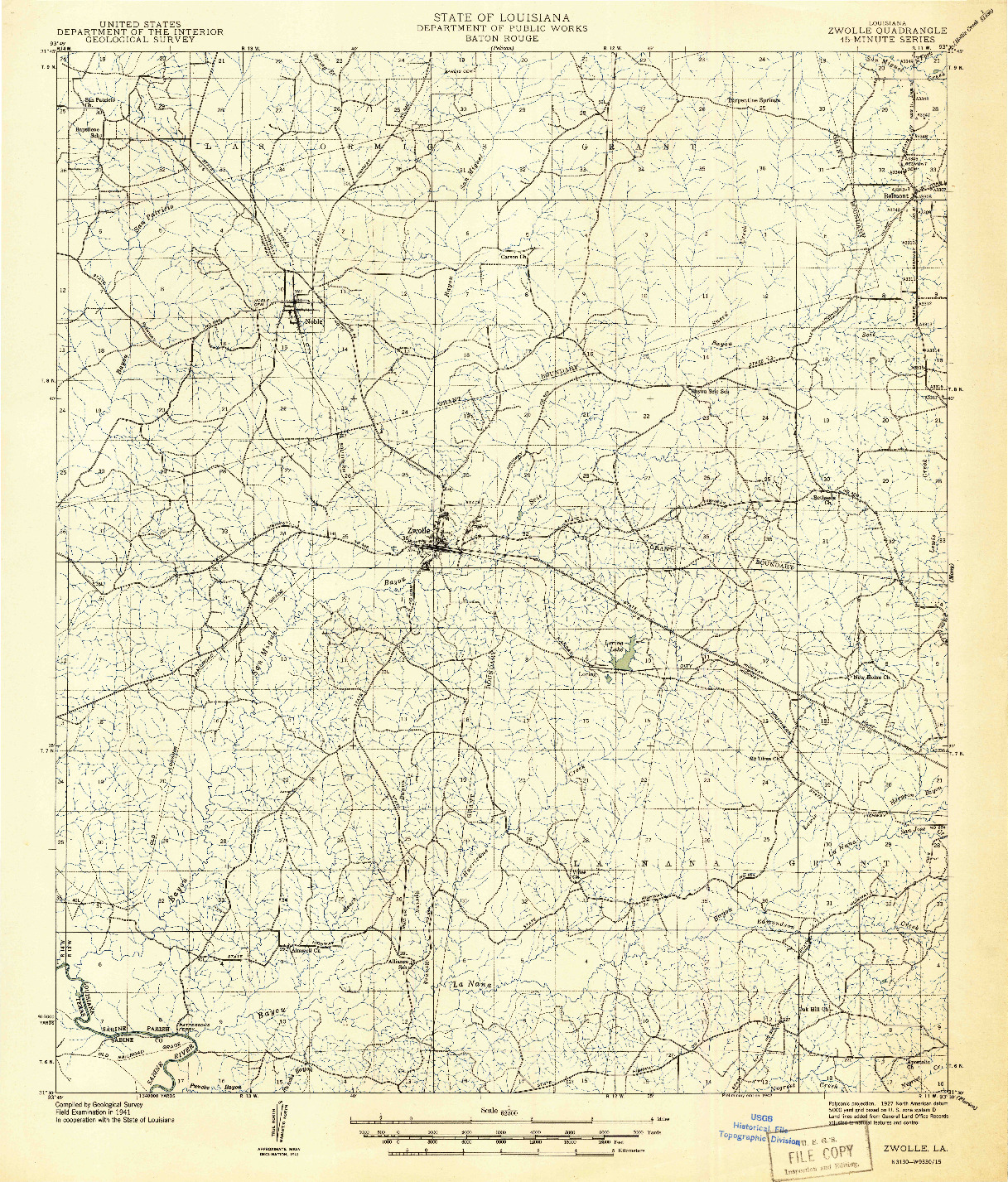 USGS 1:62500-SCALE QUADRANGLE FOR ZWOLLE, LA 1941