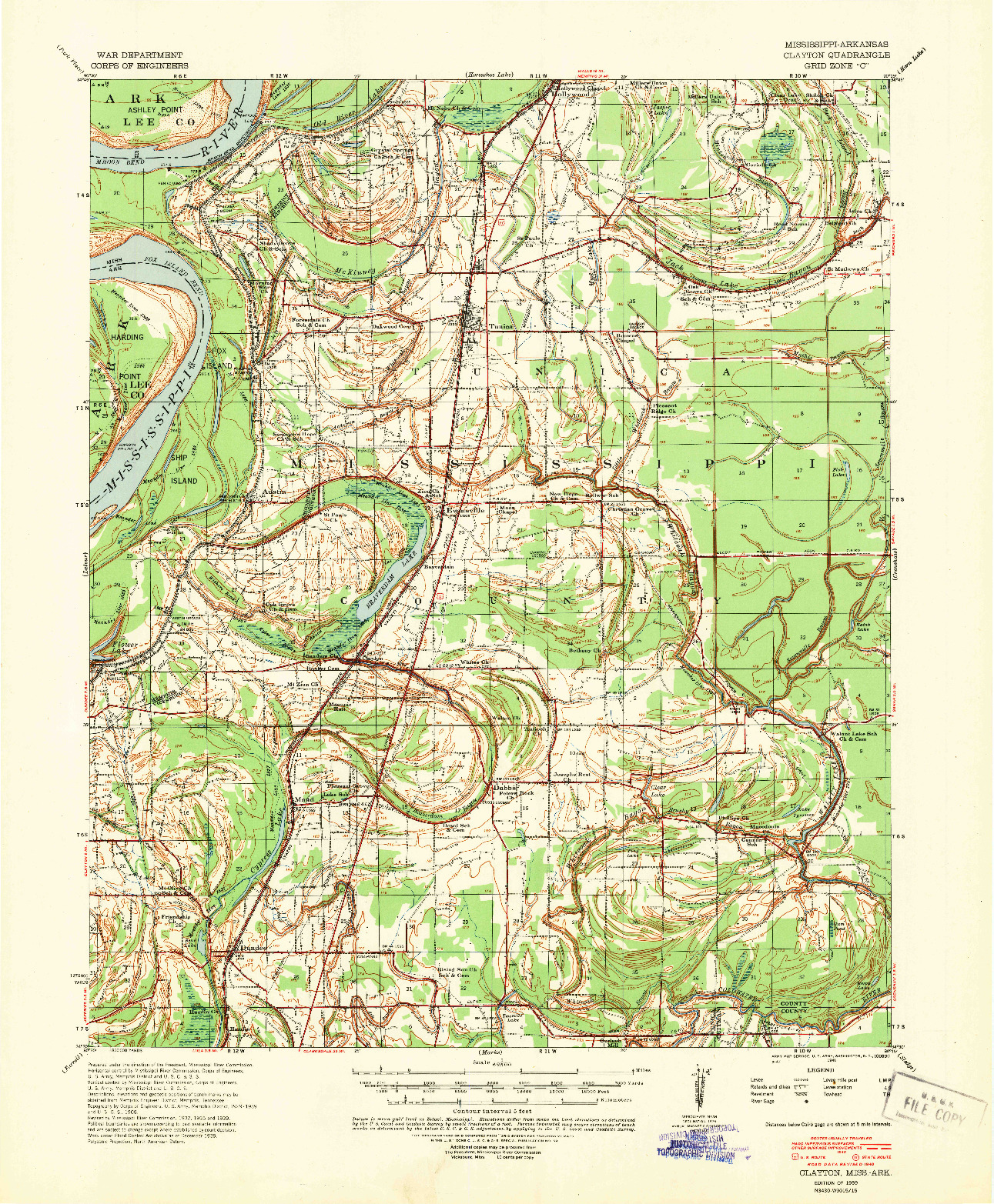 USGS 1:62500-SCALE QUADRANGLE FOR CLAYTON, MS 1939