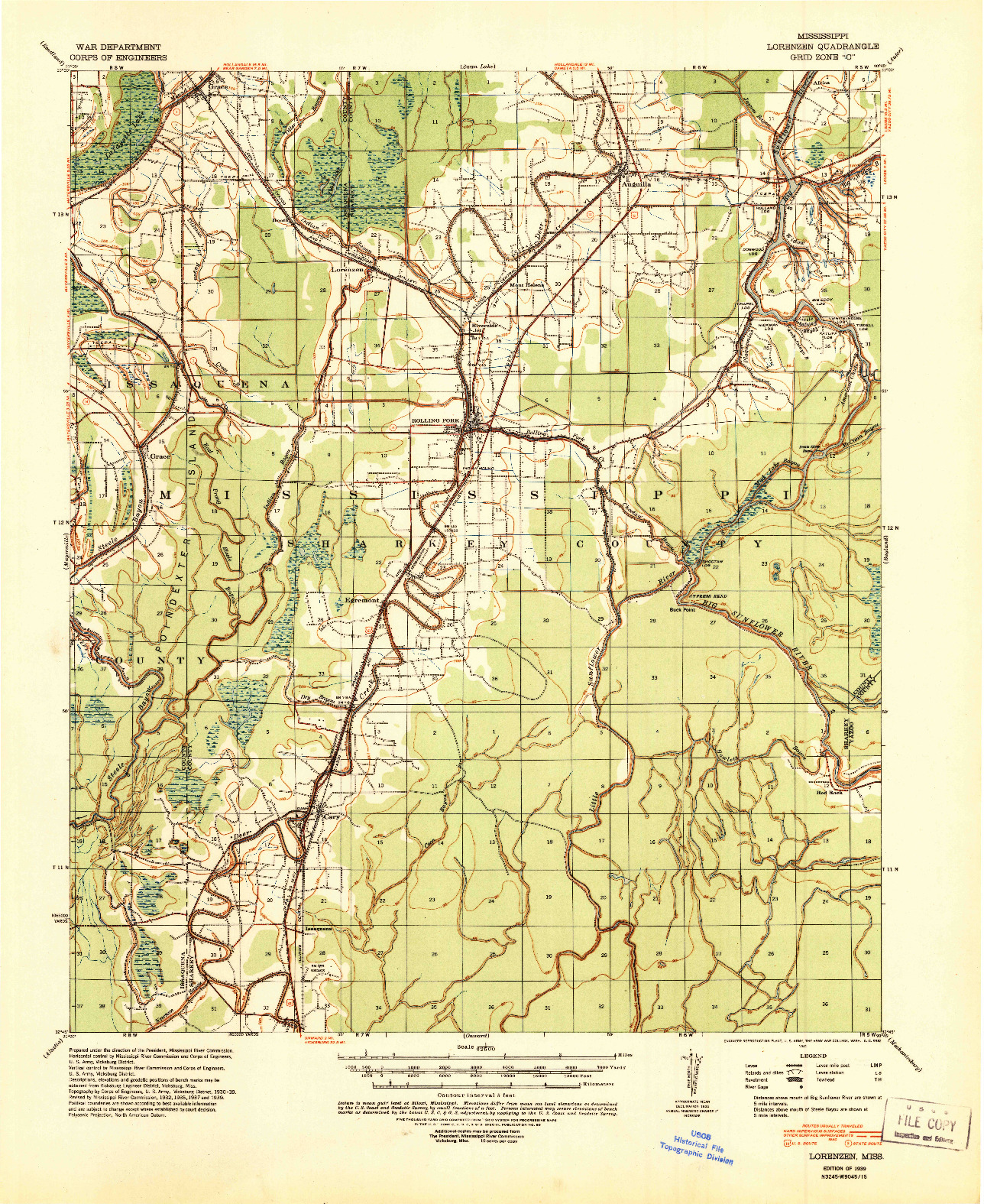 USGS 1:62500-SCALE QUADRANGLE FOR LORENZEN, MS 1939