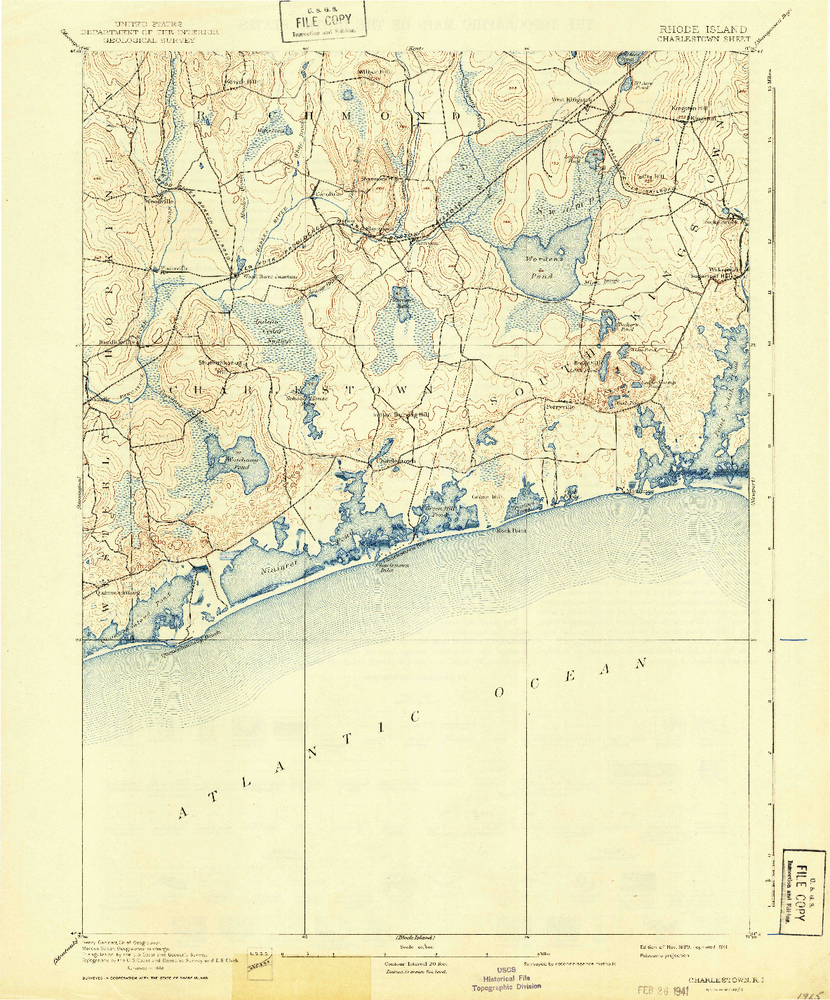 USGS 1:62500-SCALE QUADRANGLE FOR CHARLESTOWN, RI 1889