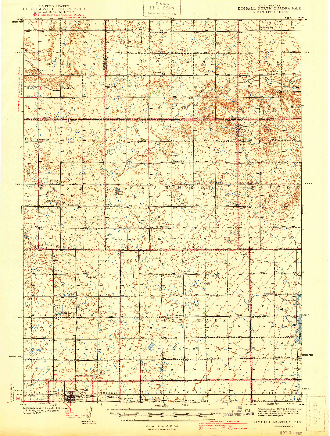 USGS 1:62500-SCALE QUADRANGLE FOR KIMBALL NORTH, SD 1941