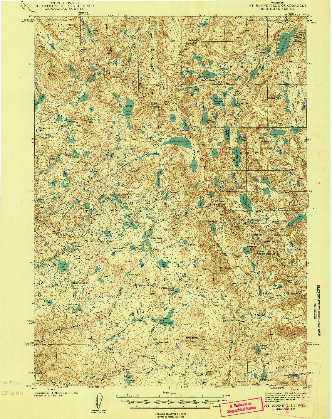 USGS 1:62500-SCALE QUADRANGLE FOR MT BONNEVILLE, WY 1941