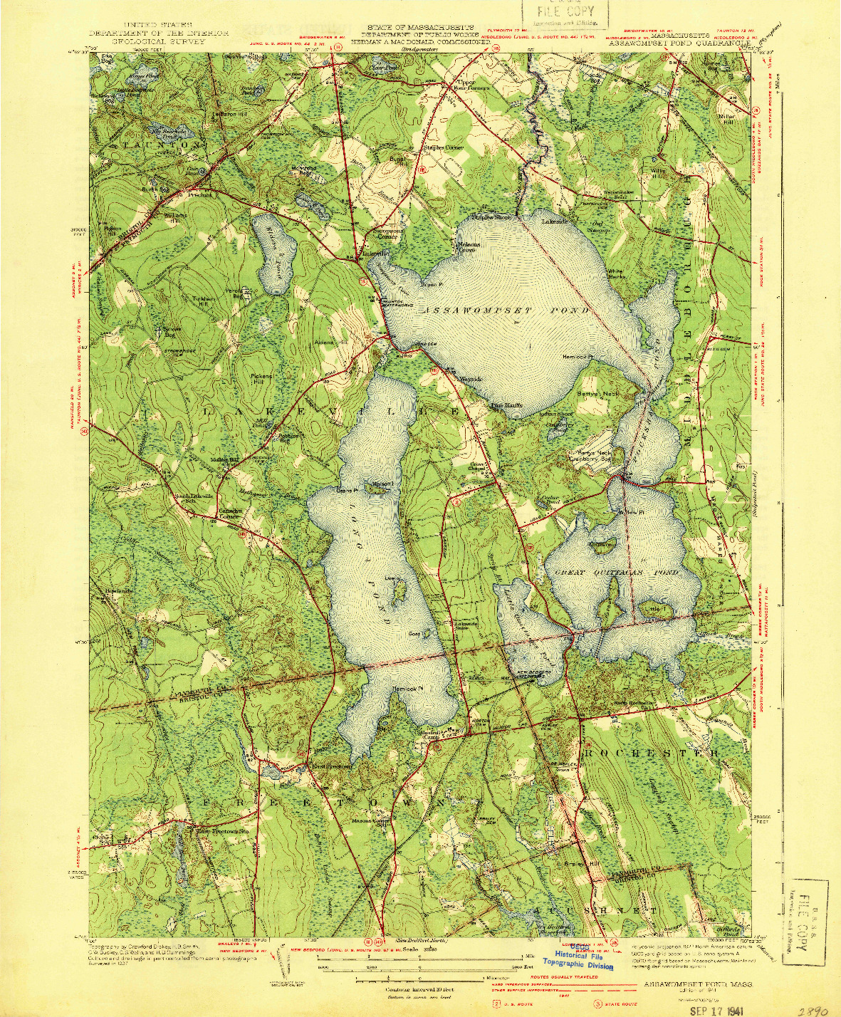 USGS 1:31680-SCALE QUADRANGLE FOR ASSAWOMPSET POND, MA 1941
