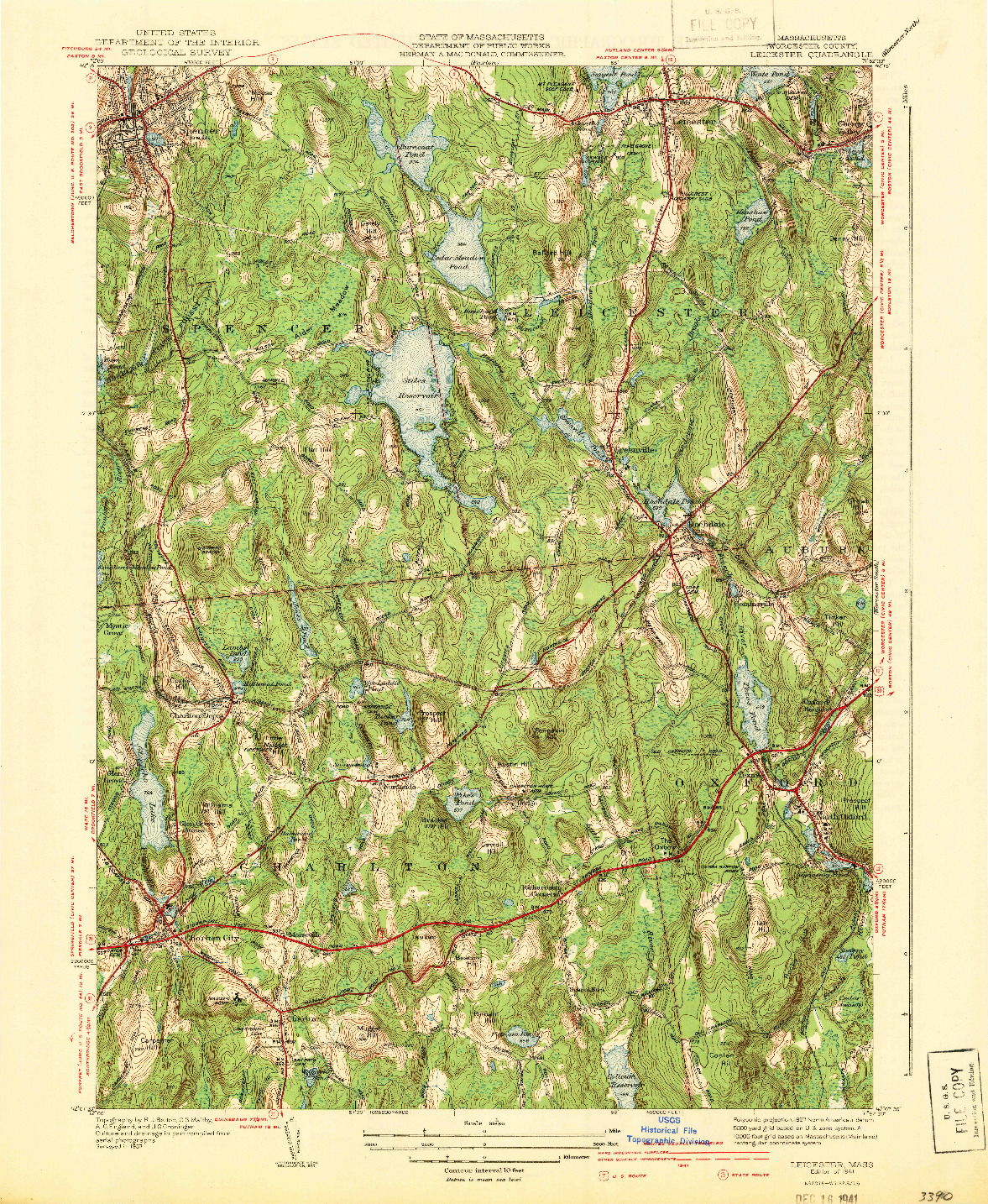 USGS 1:31680-SCALE QUADRANGLE FOR LEICESTER, MA 1941