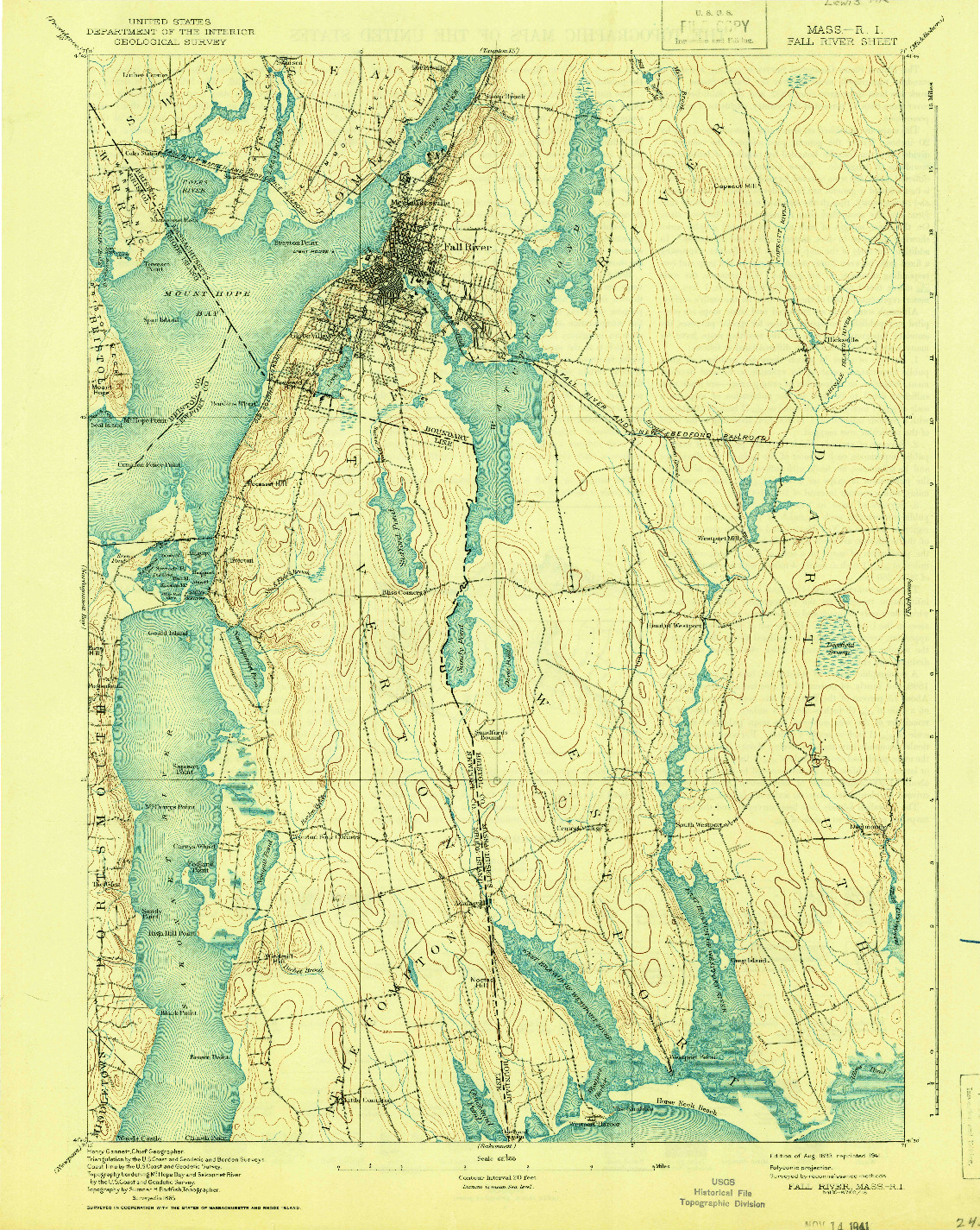 USGS 1:62500-SCALE QUADRANGLE FOR FALL RIVER, MA 1893